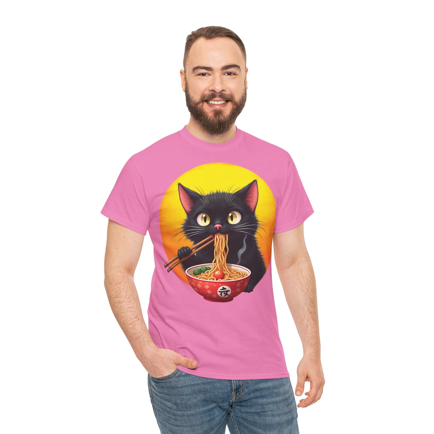 Ramen Cat Magic – Whiskers, Noodles & Sunshine Vibes - Ramen Cat - Cute Cat with Bowl of Noodles Unisex Heavy Cotton Tee