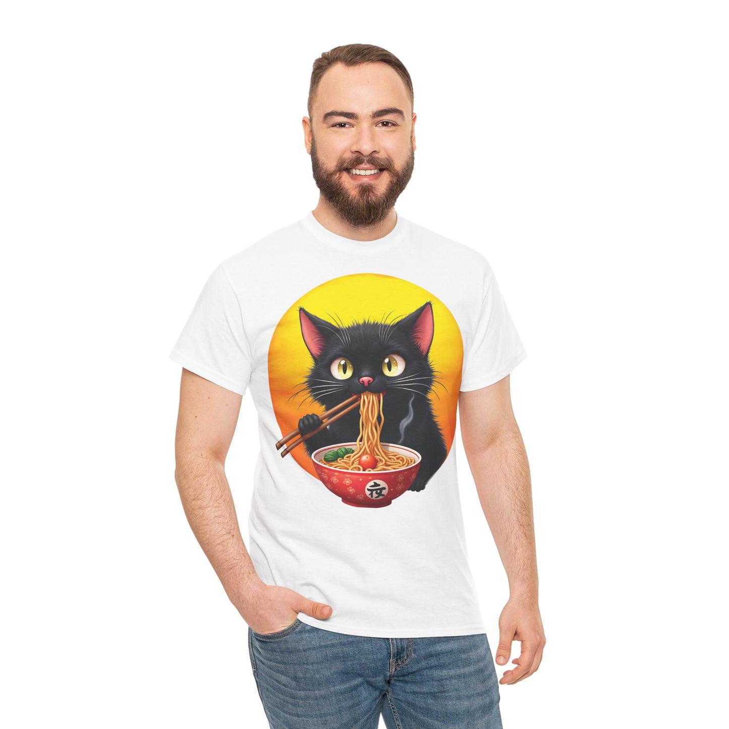 Ramen Cat Magic – Whiskers, Noodles & Sunshine Vibes - Ramen Cat - Cute Cat with Bowl of Noodles Unisex Heavy Cotton Tee