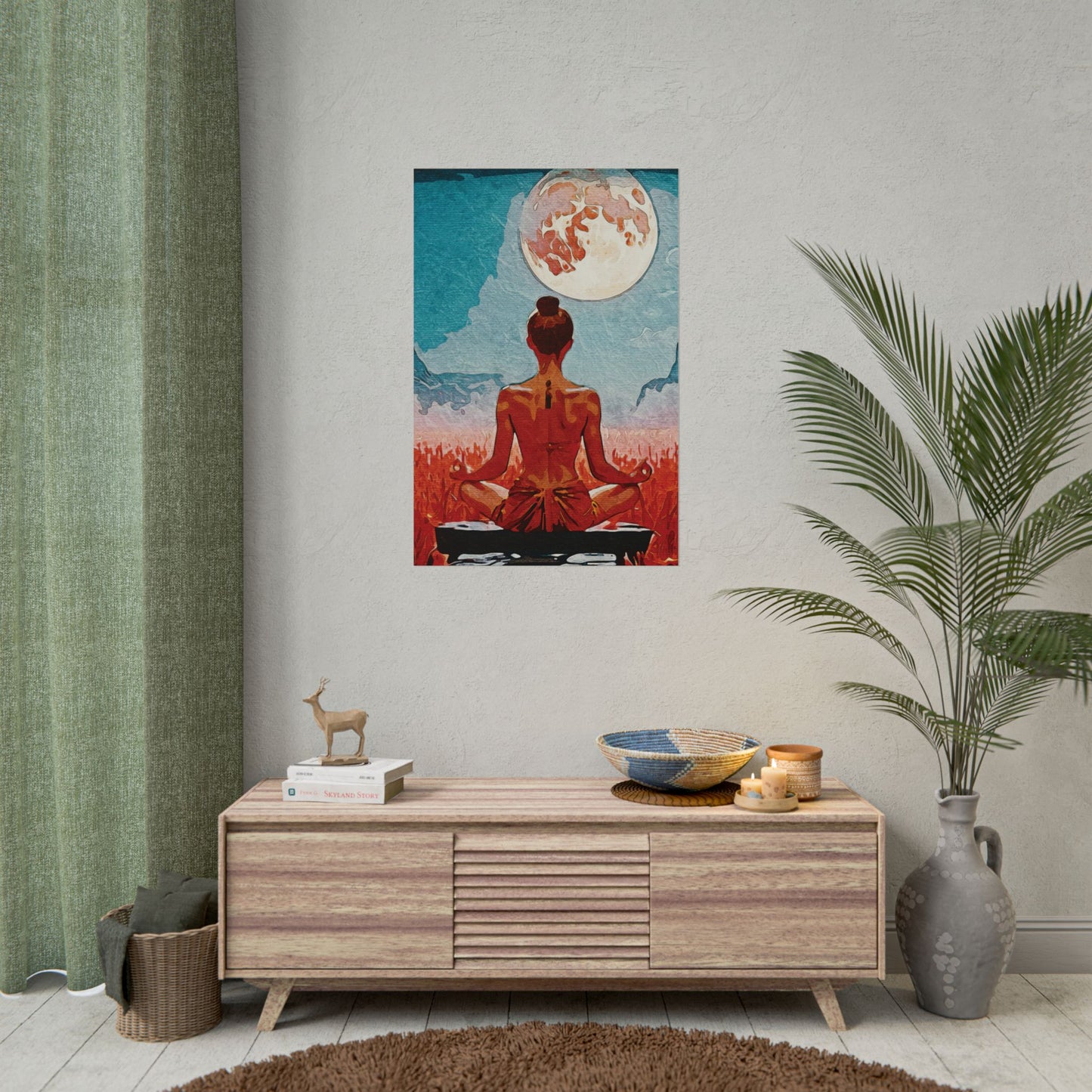 Serenity Under the Full Moon - Meditation Art Print, Zen Rolled Poster, Relaxation Decor, Spiritual Wall Art, Yoga Gift, Mindfulness Artwork