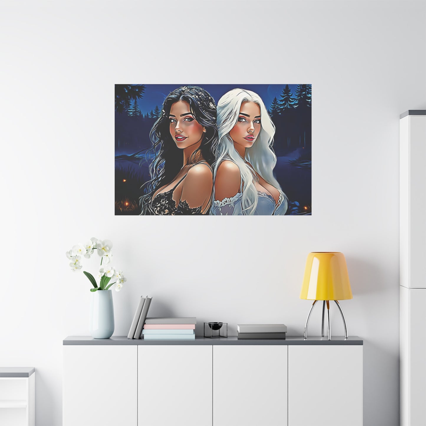 Moonlit Sisters of Opposites – Enchanted Night Art of Balance, Beauty, and Timeless Harmony - Canvas Art Print, Vibrant Wall Decor, Modern Home Art, Ideal Gift for Friends, Elegant Bedroom Accents, Birthday Present