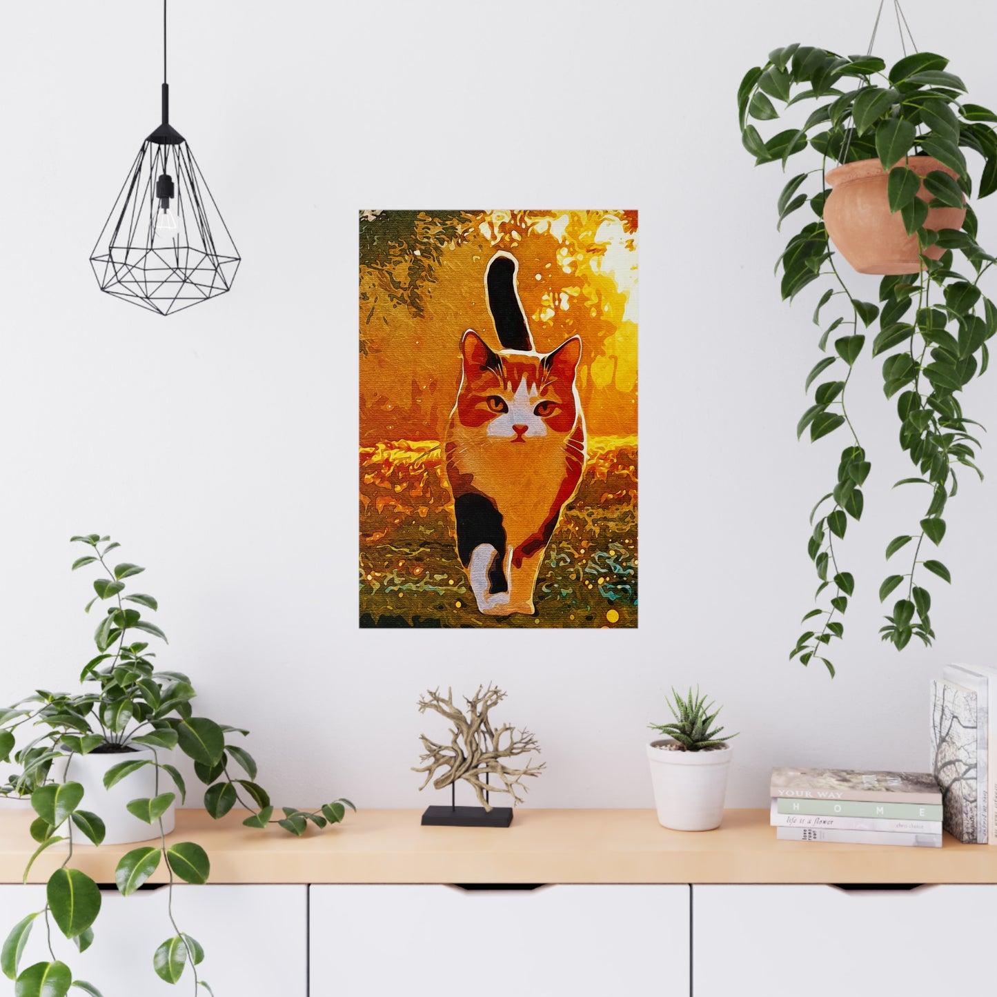 "Stride of Serenity: A Cat’s Golden Journey" - Vibrant Cat Matte Poster, Wall Art Decor, Feline Art Print, Cat Lover Gift, Home Decor, Nature Photography
