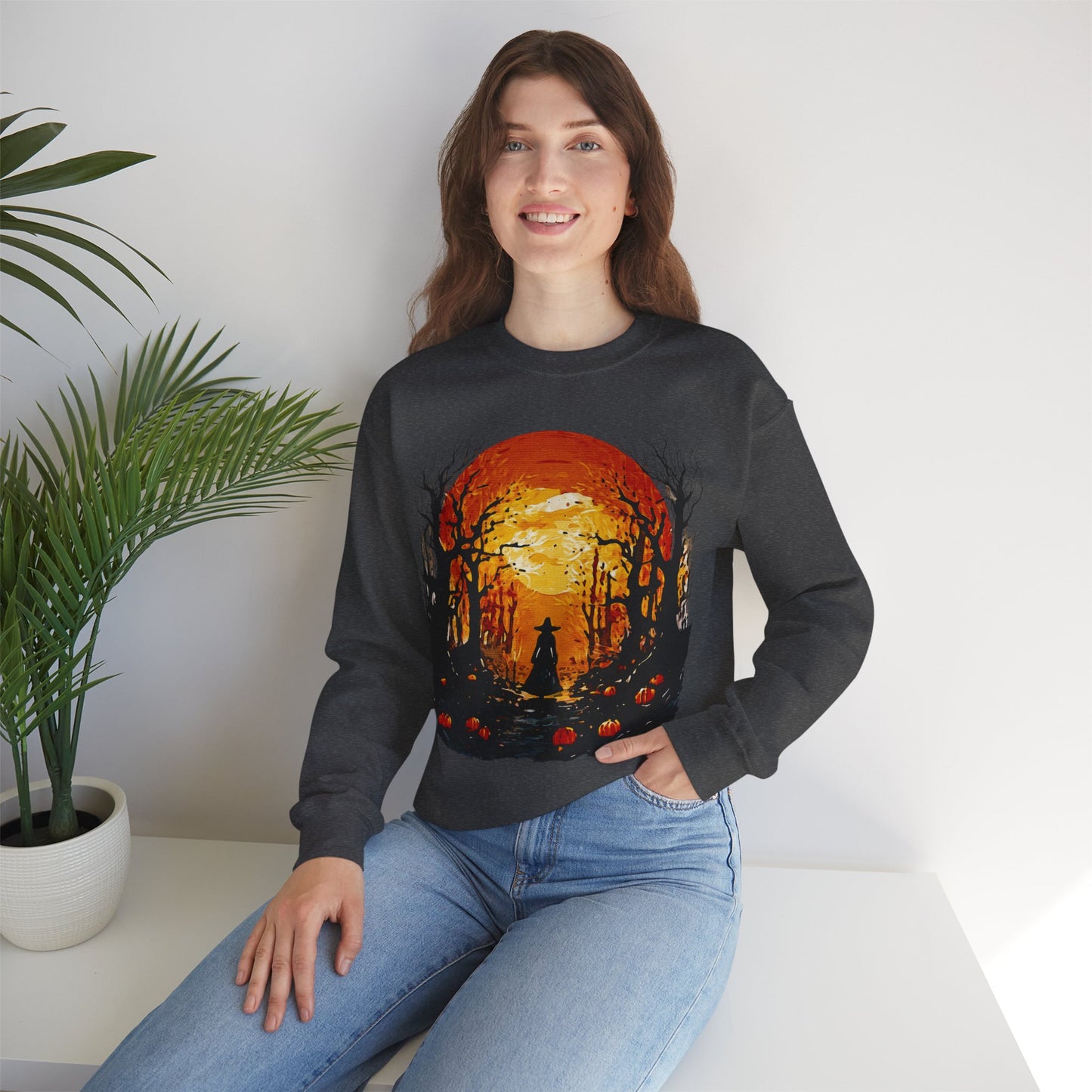 Moonlit Mischief: Autumn’s Enchanted Glow for Sweatshirts, mugs and more - Autumn Sunset Witch Sweatshirt - Cozy Unisex Crewneck for Fall, Halloween, Pumpkin Spice Lovers, Seasonal Fashion, Gift Idea