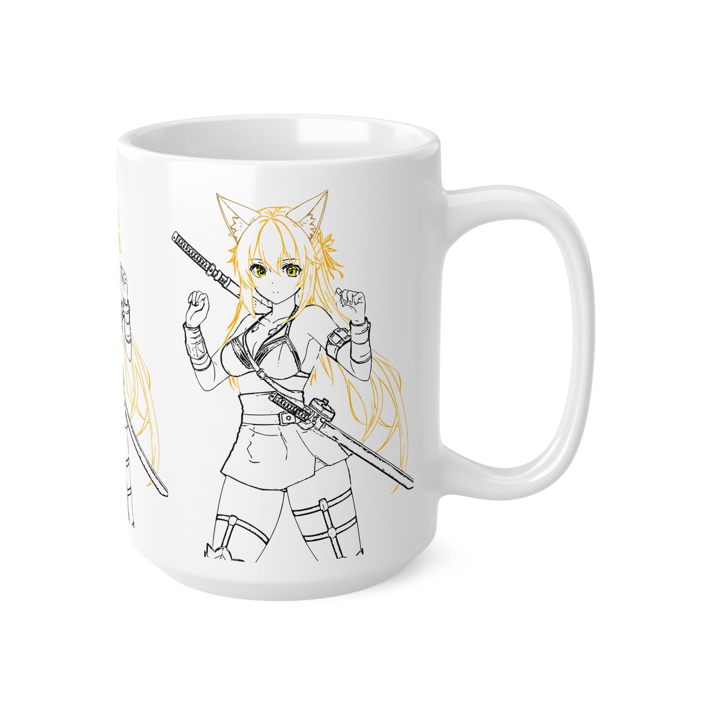Cat-Eared Blade – Anime Warrior Power on Anime-Themed Ceramic Coffee Mug, Cute Anime Style Cup, Perfect Gift for Otaku, 11oz and 15oz Sizes, Fun Cafe Decor, Coffee Lover Gift
