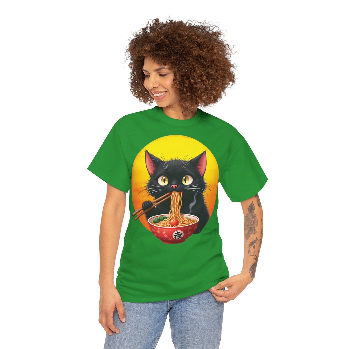 Ramen Cat Magic – Whiskers, Noodles & Sunshine Vibes - Ramen Cat - Cute Cat with Bowl of Noodles Unisex Heavy Cotton Tee