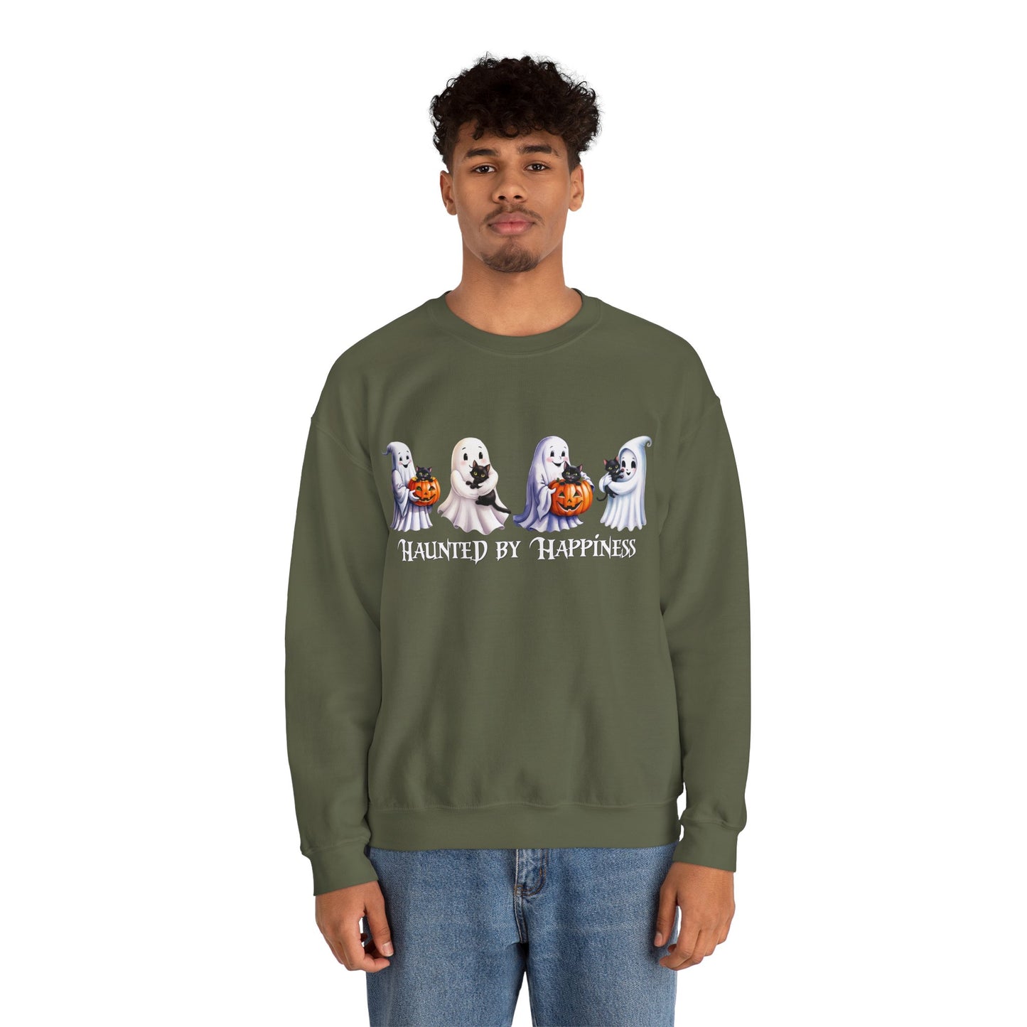 👻 Haunted by Happiness: Ghosts of Joy and Candy - Halloween Ghosts Sweatshirt, Cozy Crewneck, Autumn Apparel, Spooky Season Gift, Unisex Sweatshirt for Fall Celebrations