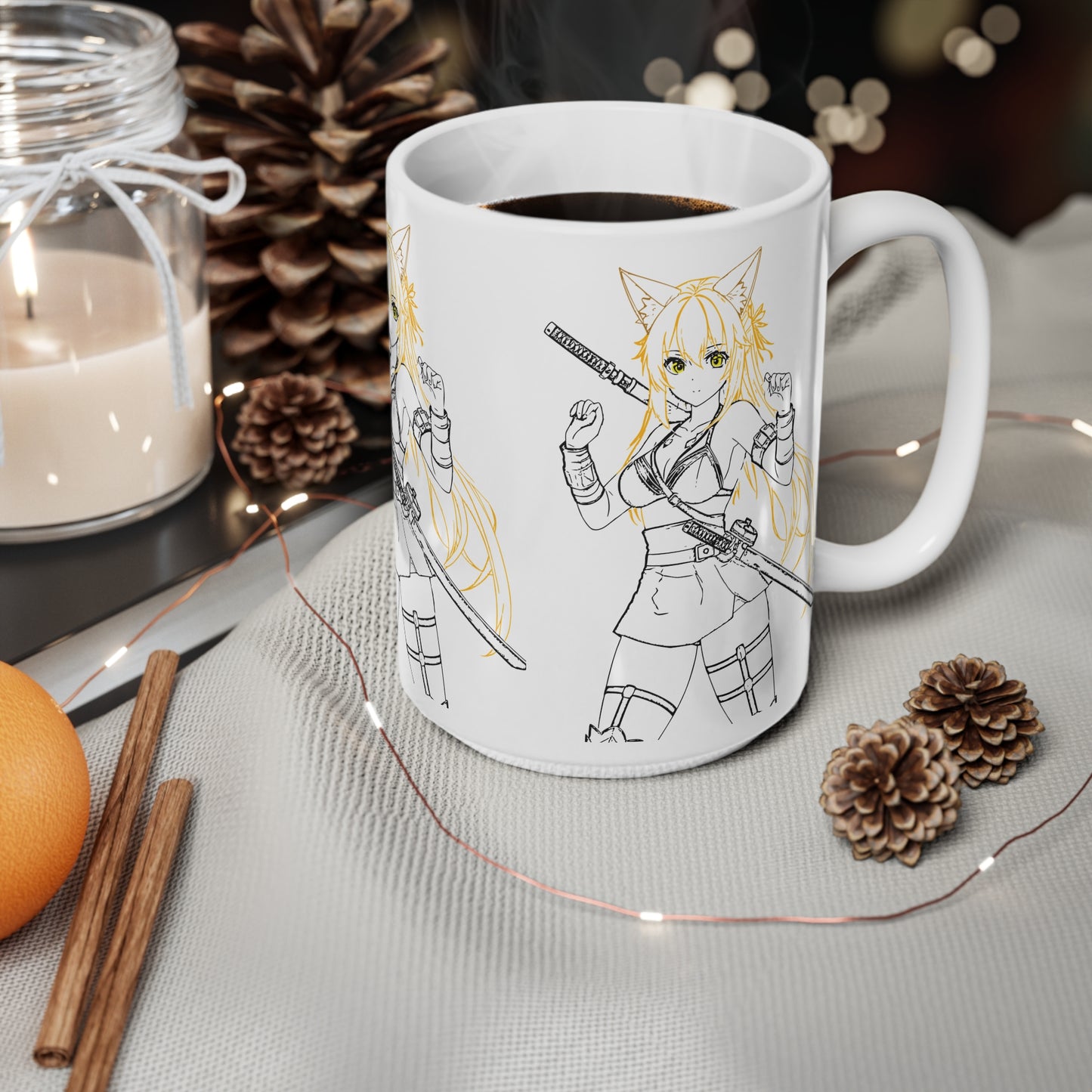 Cat-Eared Blade – Anime Warrior Power on Anime-Themed Ceramic Coffee Mug, Cute Anime Style Cup, Perfect Gift for Otaku, 11oz and 15oz Sizes, Fun Cafe Decor, Coffee Lover Gift