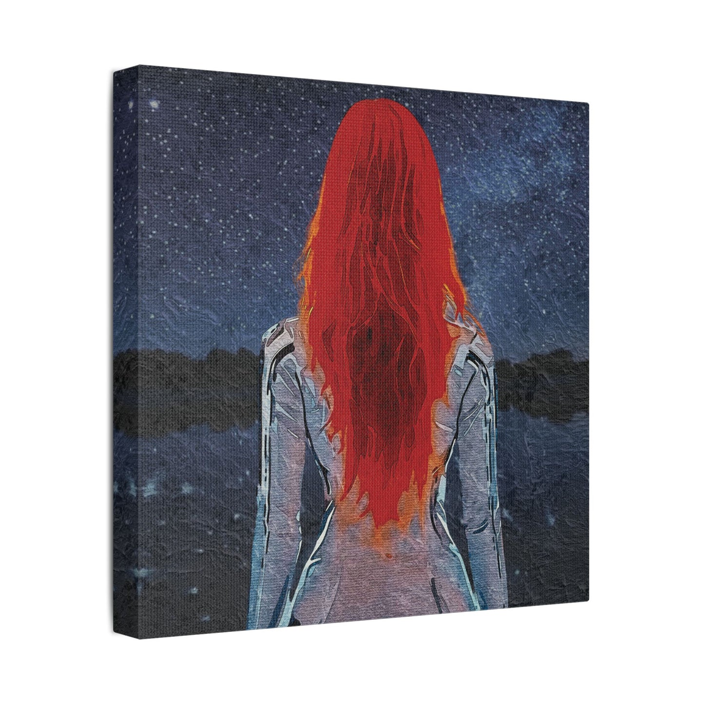 'Red' Scarlet Veil Over Starry Depths: Embrace the Cosmic Red Journey Within - Canvas Art Print: Starry Night with Red-Haired Woman, Wall Decor for Dreamers, Stretched Art, Unique Home Gift, Modern Living Room Decor