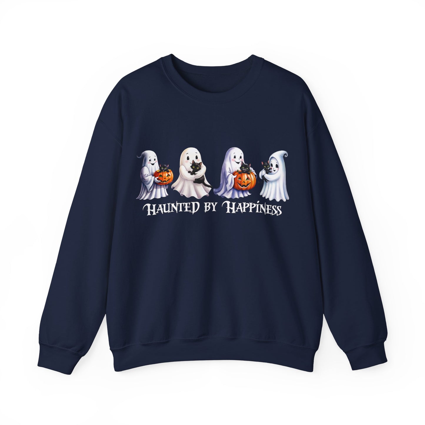 👻 Haunted by Happiness: Ghosts of Joy and Candy - Halloween Ghosts Sweatshirt, Cozy Crewneck, Autumn Apparel, Spooky Season Gift, Unisex Sweatshirt for Fall Celebrations
