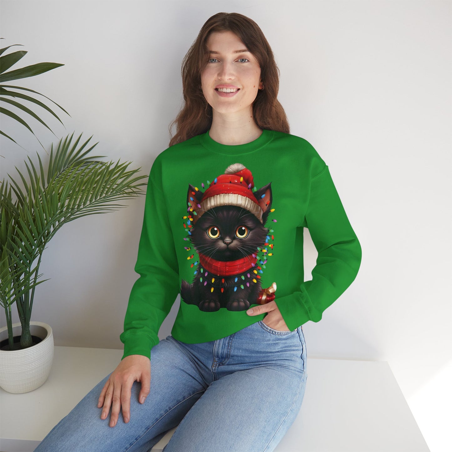 Holiday Heart: Kitten Wrapped in Christmas Lights - Festive Cat Crewneck Sweatshirt - Cozy Holiday Apparel, Warm Gift, Cute Winter Style, Pet Lover Sweatshirt, Christmas Sweater Alternative
