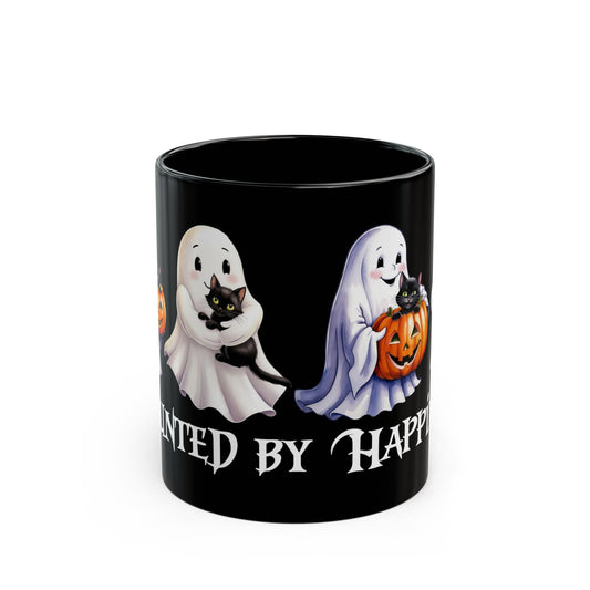 👻 Haunted by Happiness: Ghosts of Joy and Candy - Spooky Spirit Mug - Haunted by Happiness, Halloween Coffee Cup, Ghost Cat Drinkware, Trick or Treat Gift, Cute Fall Mug