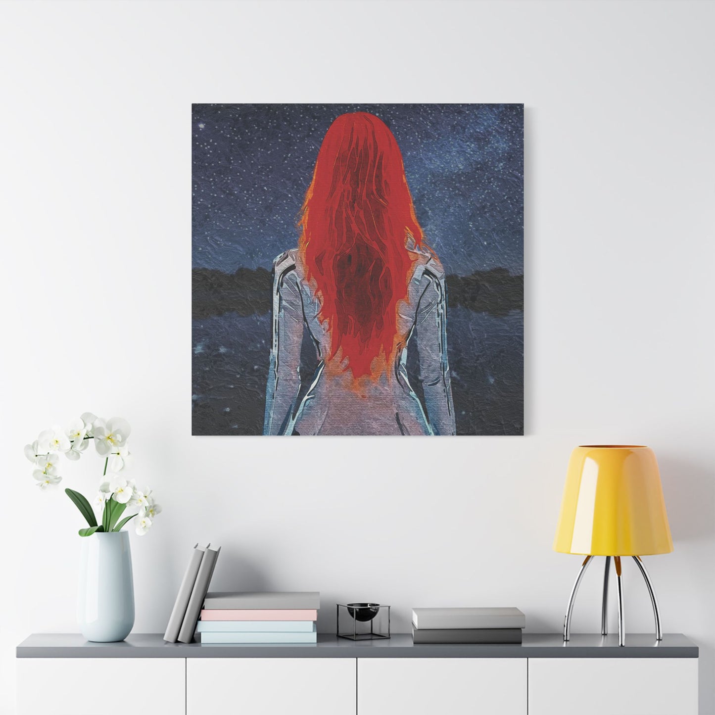 'Red' Scarlet Veil Over Starry Depths: Embrace the Cosmic Red Journey Within - Canvas Art Print: Starry Night with Red-Haired Woman, Wall Decor for Dreamers, Stretched Art, Unique Home Gift, Modern Living Room Decor