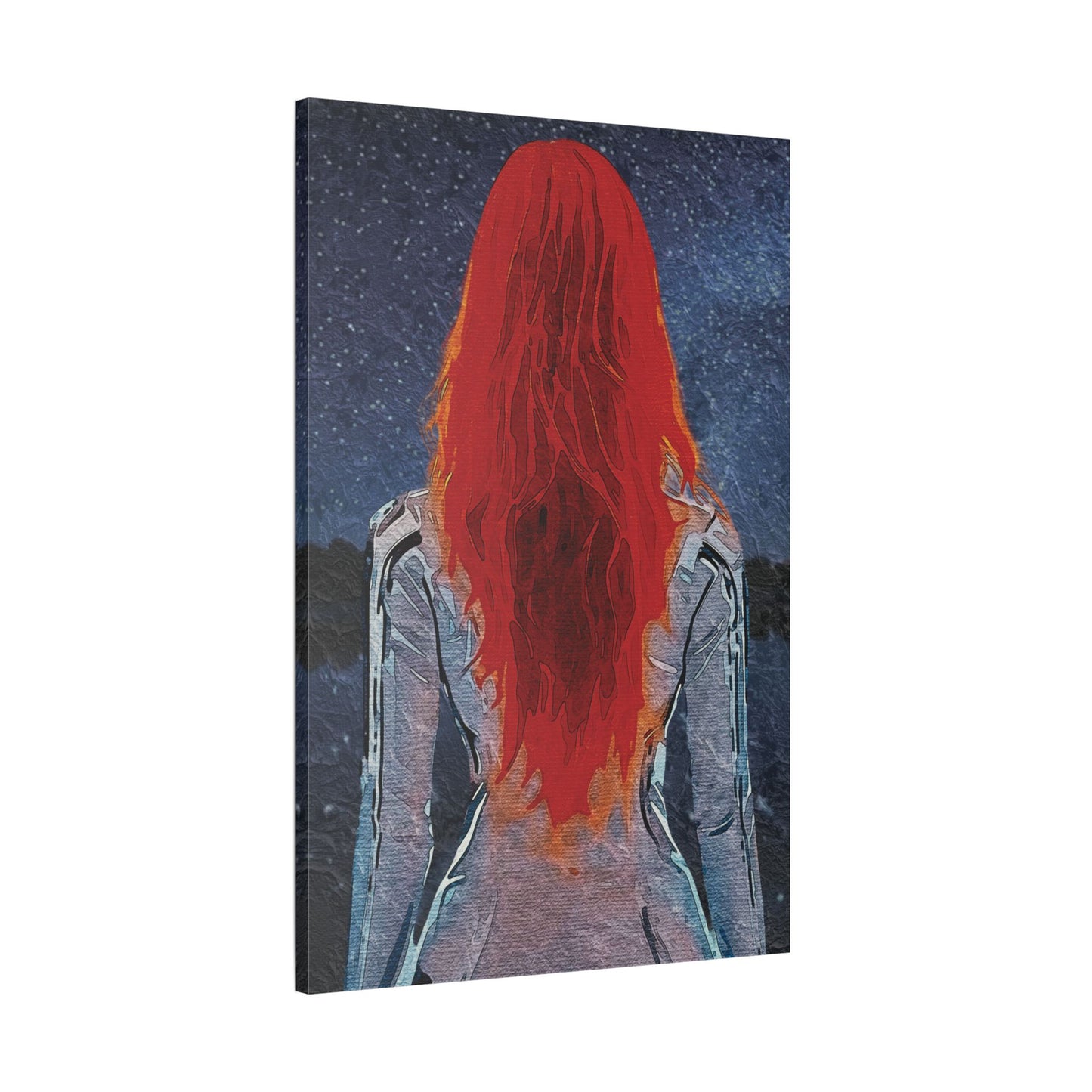 'Red' Scarlet Veil Over Starry Depths: Embrace the Cosmic Red Journey Within - Canvas Art Print: Starry Night with Red-Haired Woman, Wall Decor for Dreamers, Stretched Art, Unique Home Gift, Modern Living Room Decor