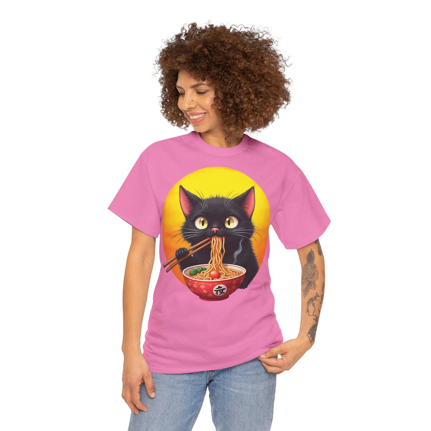 Ramen Cat Magic – Whiskers, Noodles & Sunshine Vibes - Ramen Cat - Cute Cat with Bowl of Noodles Unisex Heavy Cotton Tee
