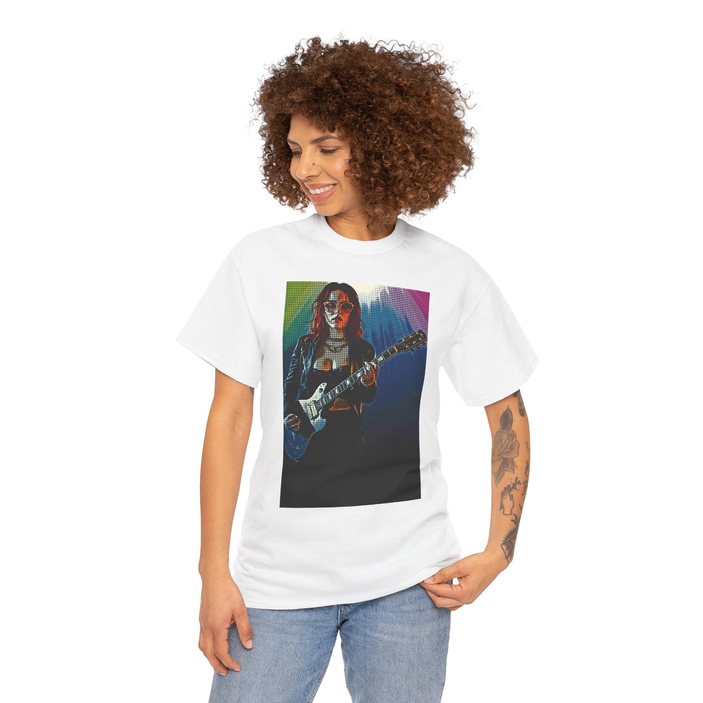 Electric Vibes: Retro Halftone Guitar Art Celebrating Music, Freedom, and Bold Self-Expression - Rock Star Unisex Heavy Cotton Tee, Music Lover Gift, Concert Apparel, Vintage Tee, Festival Wear