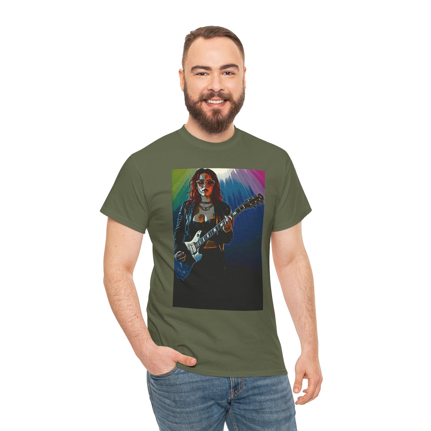Electric Vibes: Retro Halftone Guitar Art Celebrating Music, Freedom, and Bold Self-Expression - Rock Star Unisex Heavy Cotton Tee, Music Lover Gift, Concert Apparel, Vintage Tee, Festival Wear