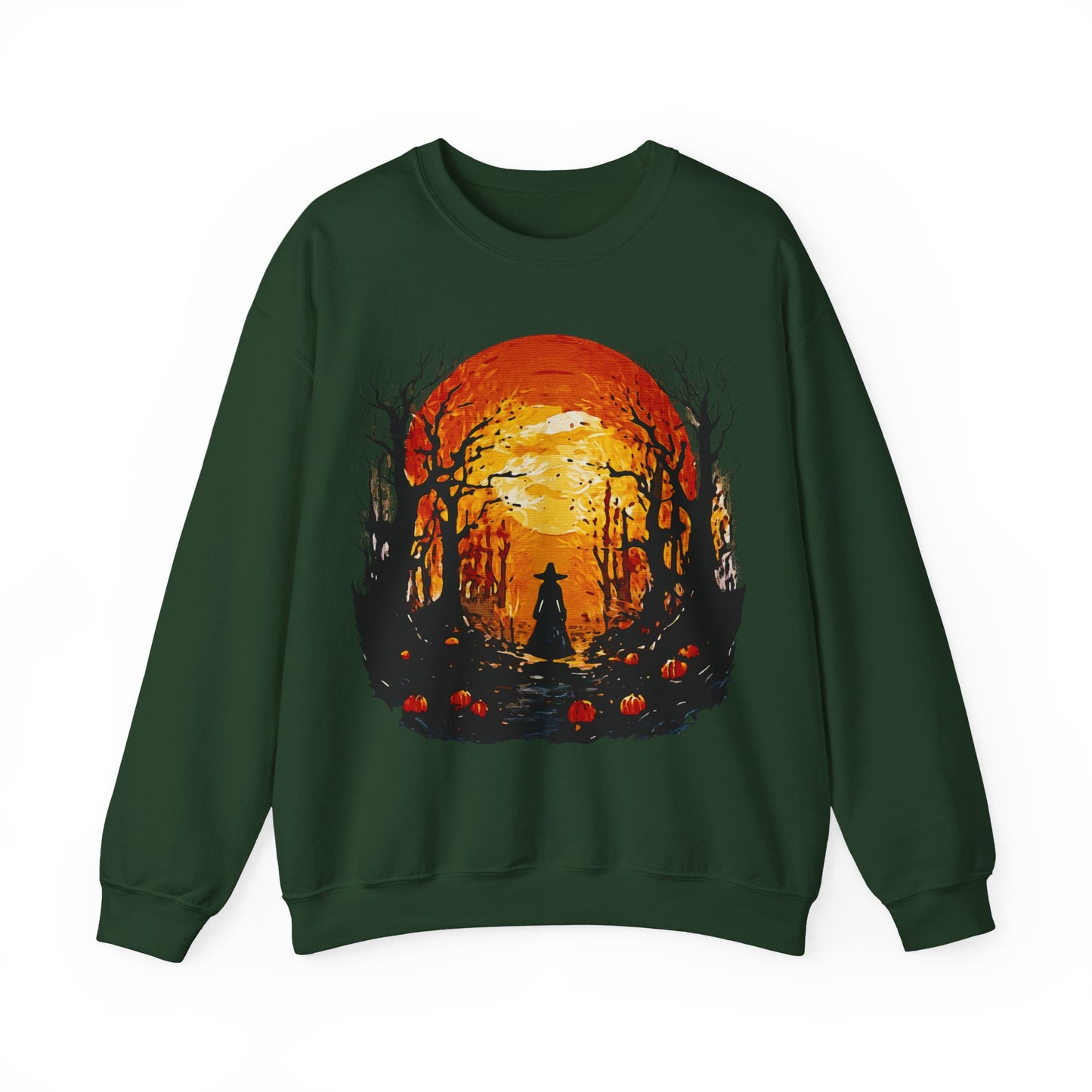 Moonlit Mischief: Autumn’s Enchanted Glow for Sweatshirts, mugs and more - Autumn Sunset Witch Sweatshirt - Cozy Unisex Crewneck for Fall, Halloween, Pumpkin Spice Lovers, Seasonal Fashion, Gift Idea