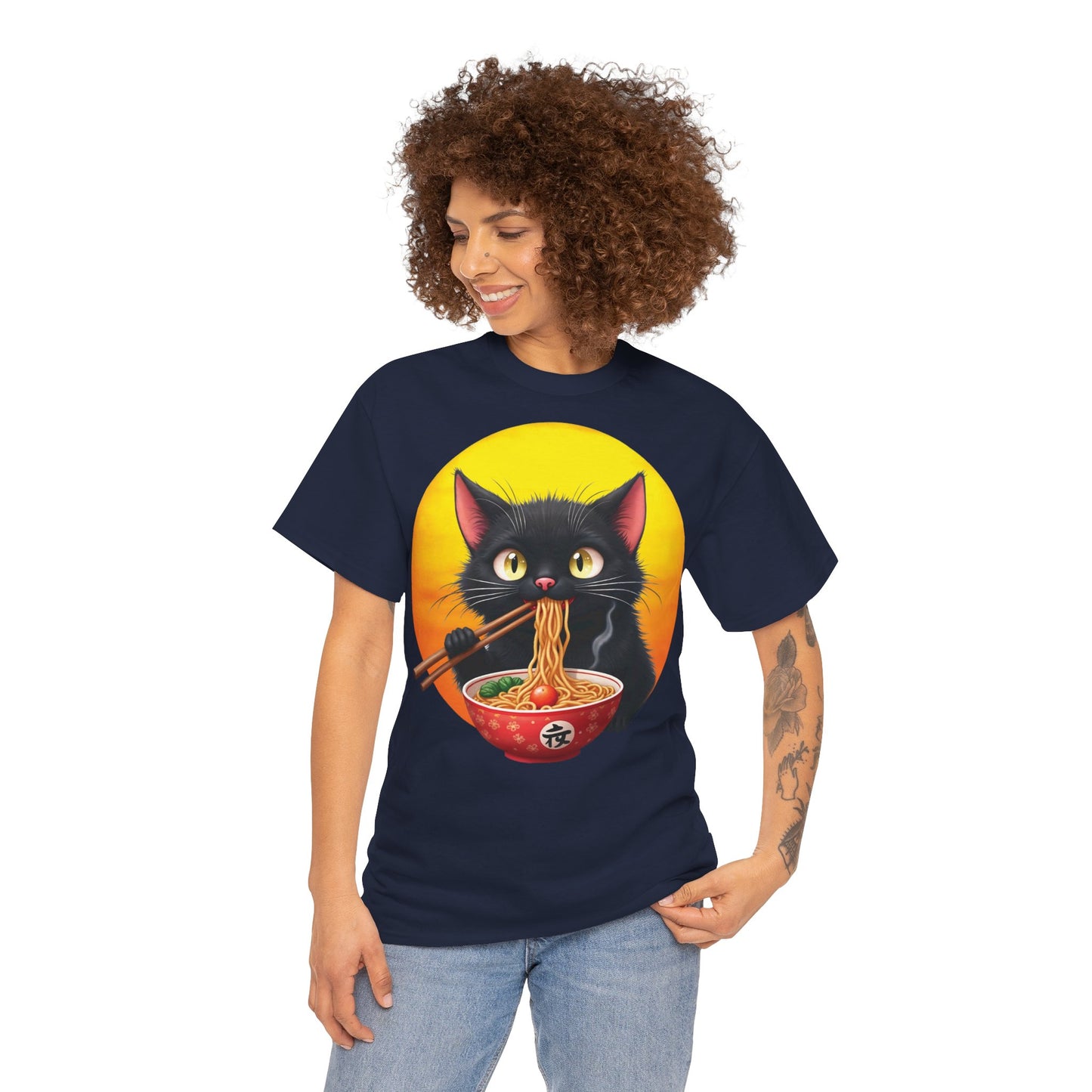 Ramen Cat Magic – Whiskers, Noodles & Sunshine Vibes - Ramen Cat - Cute Cat with Bowl of Noodles Unisex Heavy Cotton Tee