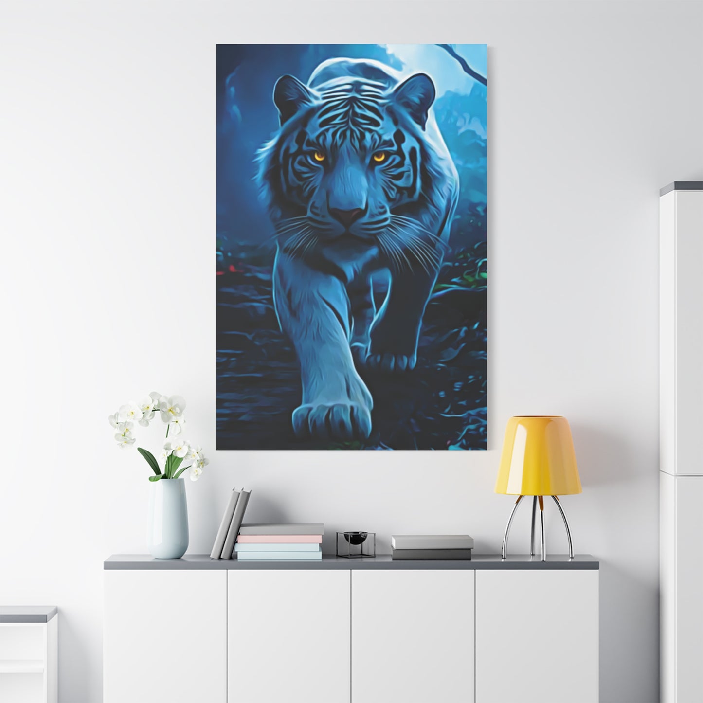 🐅 Blue Ember: Strength in Stillness, Power in Motion - Majestic White Tiger Wall Art, Canvas Print, Home Decor, Animal Lover Gift, Wildlife Artwork, Unique Gift Idea, Eco-Friendly Decor
