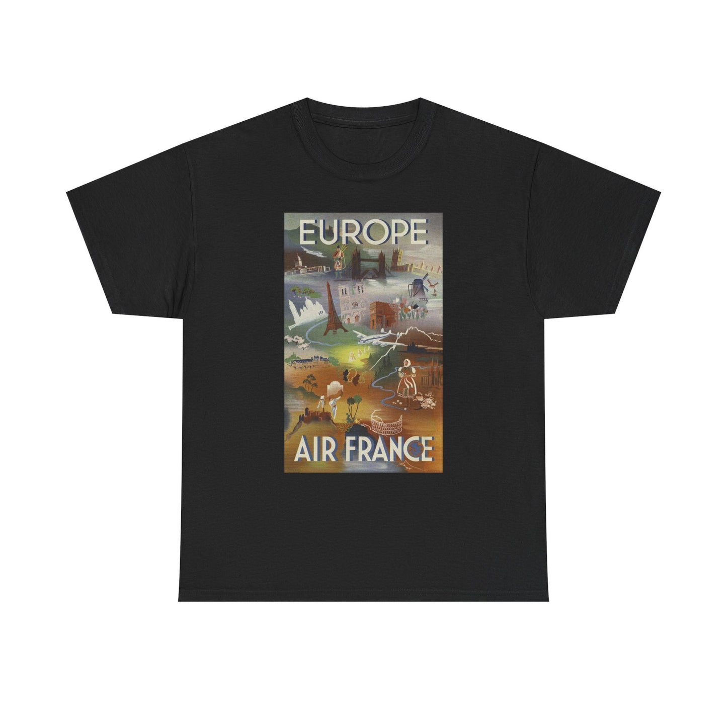 Vintage Air France 1948: Retro Travel Poster Celebrating Europe’s Beauty, Adventure, and Timeless Wanderlust - Unisex Heavy Cotton Tee