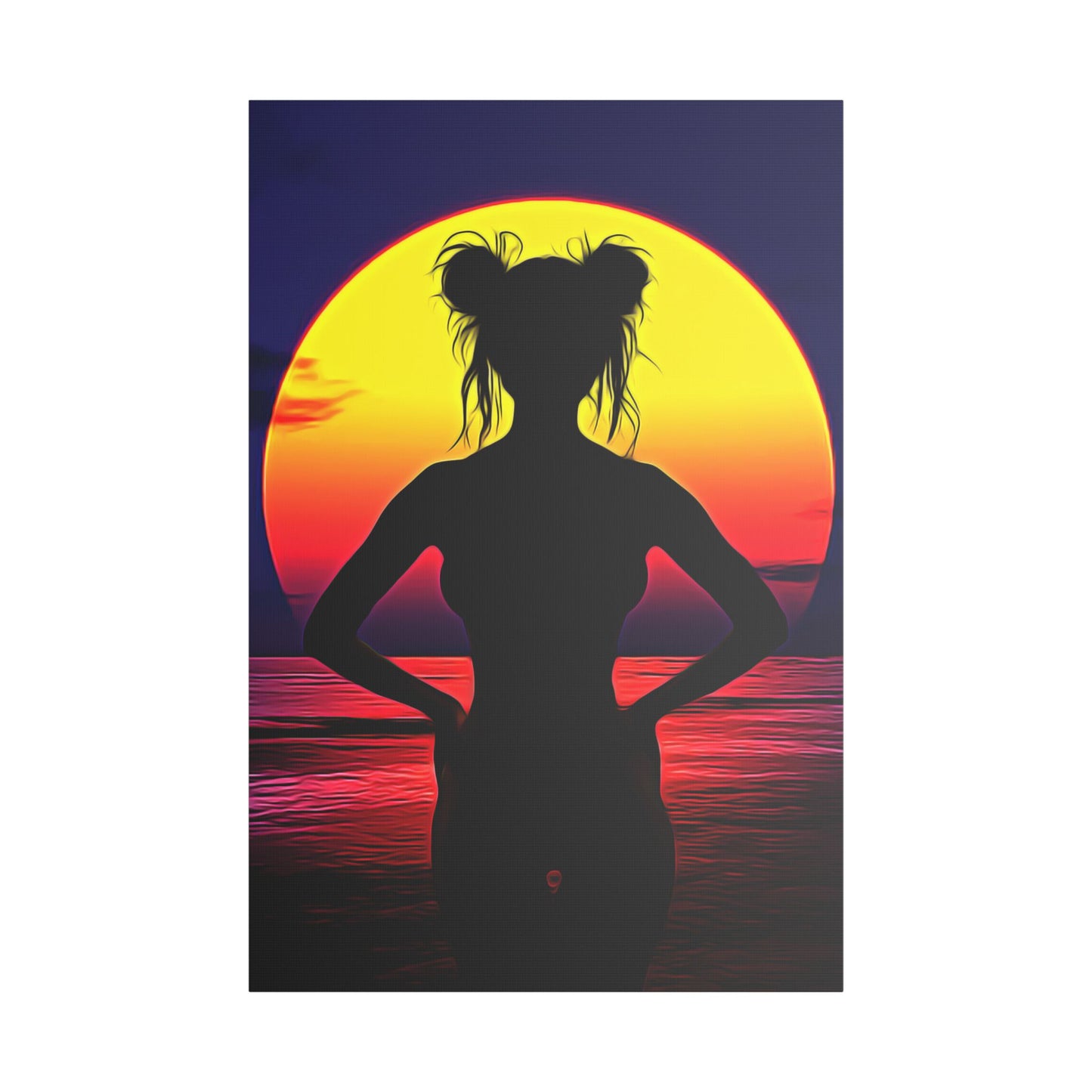 Solar Silhouette: Embrace Inner Strength in the Golden Sunset Glow - Sunset Silhouette Stretched Canvas Art | Boho Home Decor, Beach Wall Art, Unique Gift, Summer Vibes, Relaxing Artwork