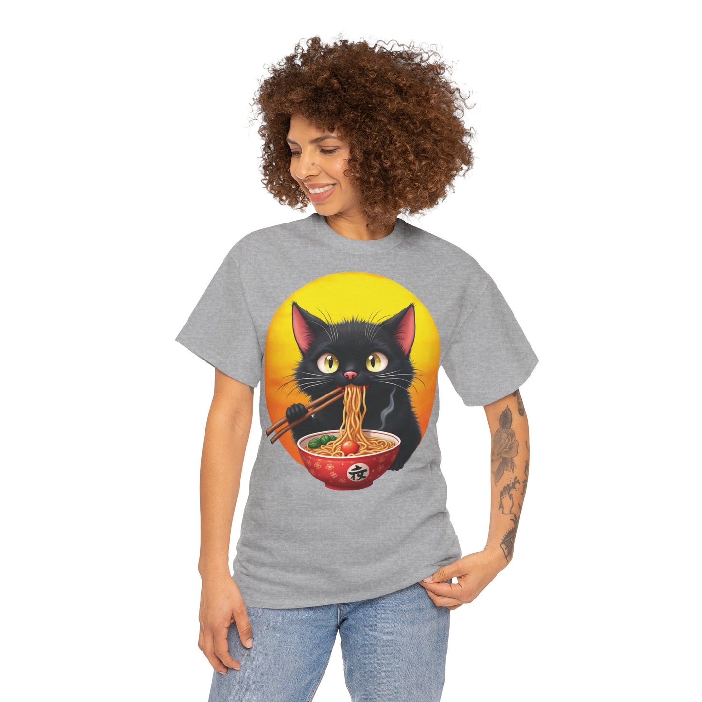 Ramen Cat Magic – Whiskers, Noodles & Sunshine Vibes - Ramen Cat - Cute Cat with Bowl of Noodles Unisex Heavy Cotton Tee