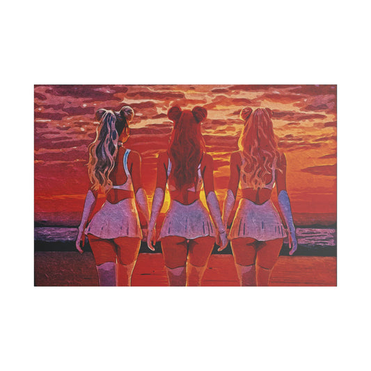 Horizon Sisters – United in Light and Love 🌅👭👭 – Unity & Peace in Vibrant Coastal Light - Stretched Canvas Art Print, Boho Wall Decor, Beach Sunset Art, Girls Artwork, Home and Living