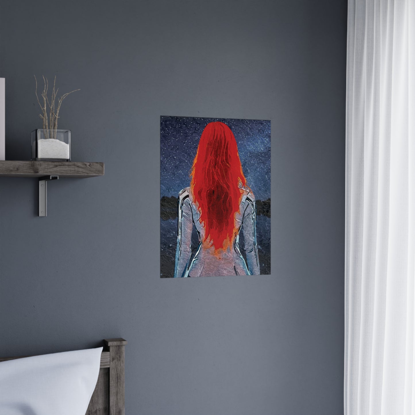 'Red' Scarlet Veil Over Starry Depths: Embrace the Cosmic Red Journey Within - Vibrant Matte Poster of a Red-Haired Figure, Wall Art, Home Decor, Aesthetic Print, Gift for Art Lovers, Inspirational Decor