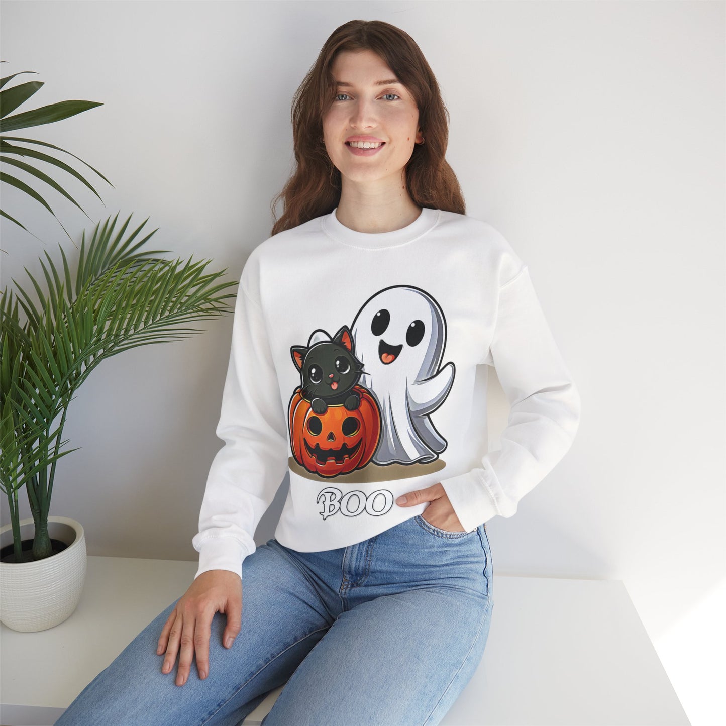 Spooky Smiles & Cozy Vibes – Halloween Boo Pumpkin Ghost Cat Edition - Cute Halloween Crewneck Sweatshirt with Ghost and Cat Design, Cozy Fall Apparel, Perfect for Spooky Season, Unisex Halloween Sweater, [...]