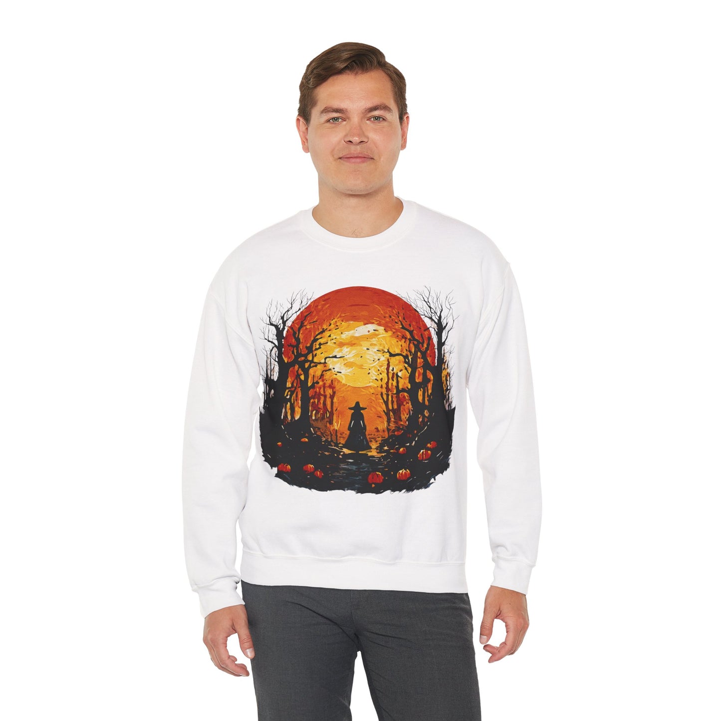 Moonlit Mischief: Autumn’s Enchanted Glow for Sweatshirts, mugs and more - Autumn Sunset Witch Sweatshirt - Cozy Unisex Crewneck for Fall, Halloween, Pumpkin Spice Lovers, Seasonal Fashion, Gift Idea