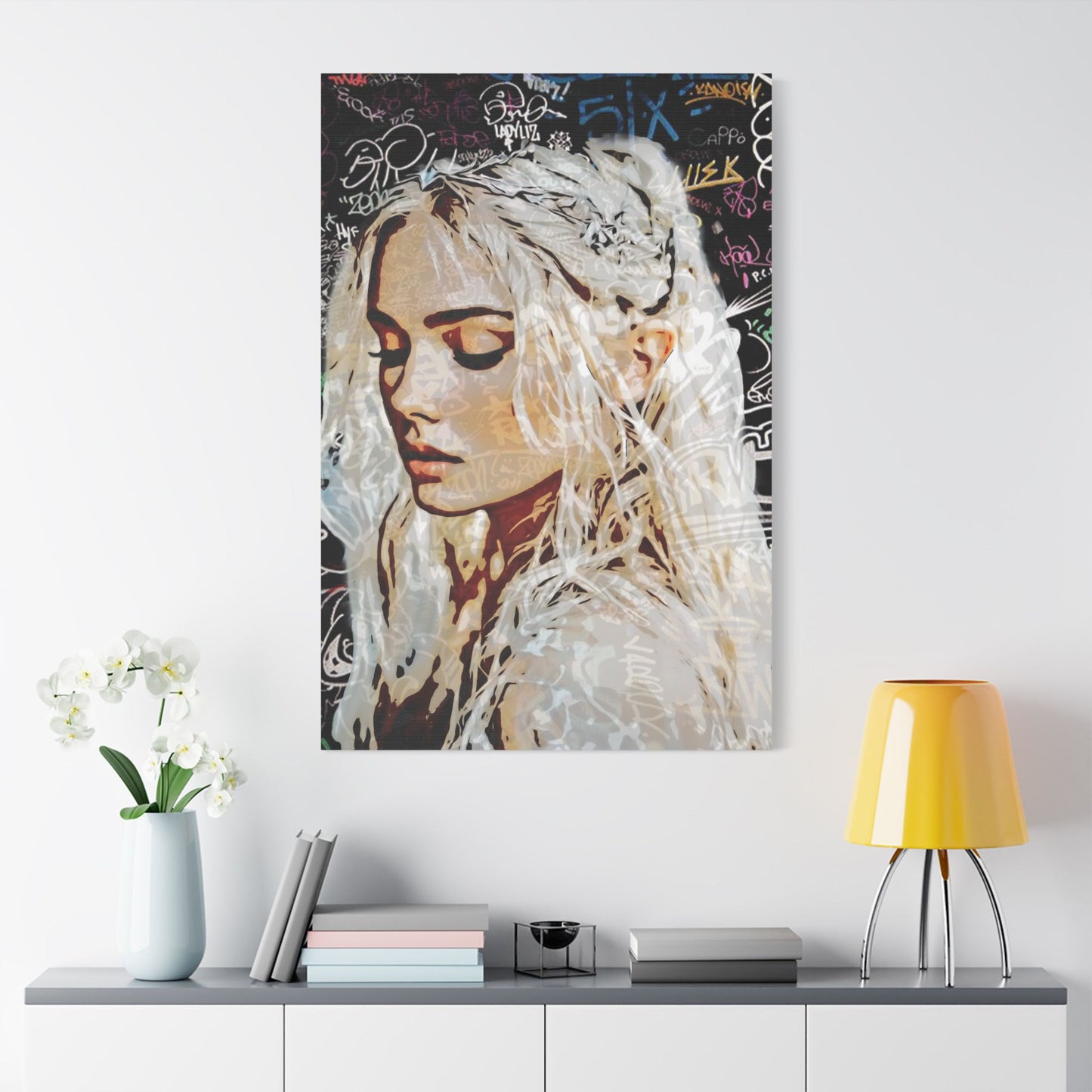 "Urban Dreams: Street Art Portrait of Hope and Beauty Emerging from City's Creative Soul" - Satin Canvas Art Print, Stretched Wall Decor, Girl Portrait, Abstract Graffiti Design, Unique Home Decor, Gift for Art Lovers