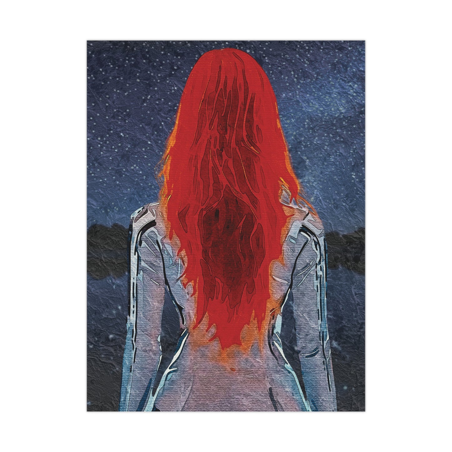 'Red' Scarlet Veil Over Starry Depths: Embrace the Cosmic Red Journey Within - Vibrant Matte Poster of a Red-Haired Figure, Wall Art, Home Decor, Aesthetic Print, Gift for Art Lovers, Inspirational Decor