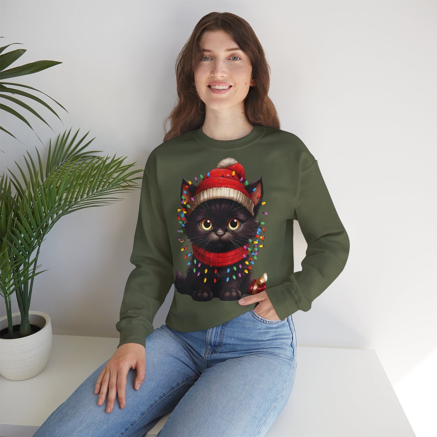 Holiday Heart: Kitten Wrapped in Christmas Lights - Festive Cat Crewneck Sweatshirt - Cozy Holiday Apparel, Warm Gift, Cute Winter Style, Pet Lover Sweatshirt, Christmas Sweater Alternative