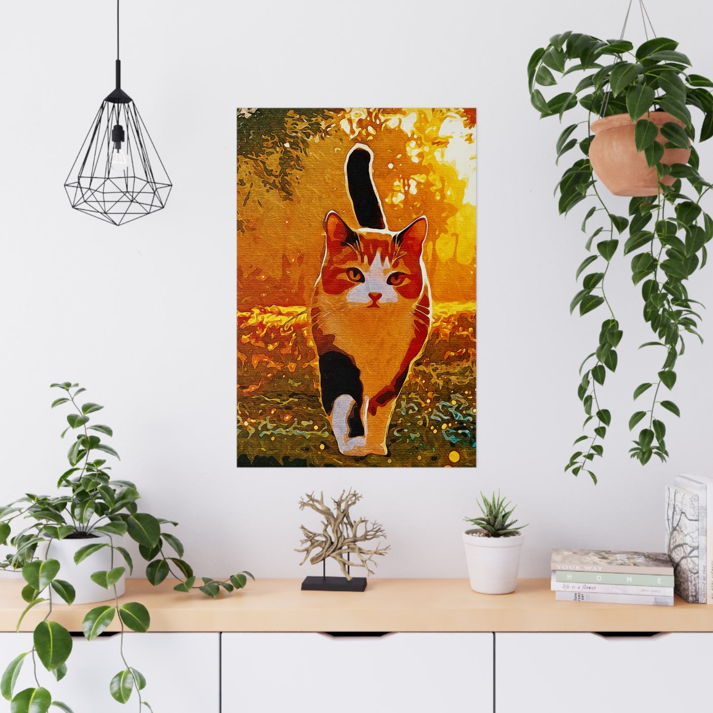 "Stride of Serenity: A Cat’s Golden Journey" - Vibrant Cat Matte Poster, Wall Art Decor, Feline Art Print, Cat Lover Gift, Home Decor, Nature Photography