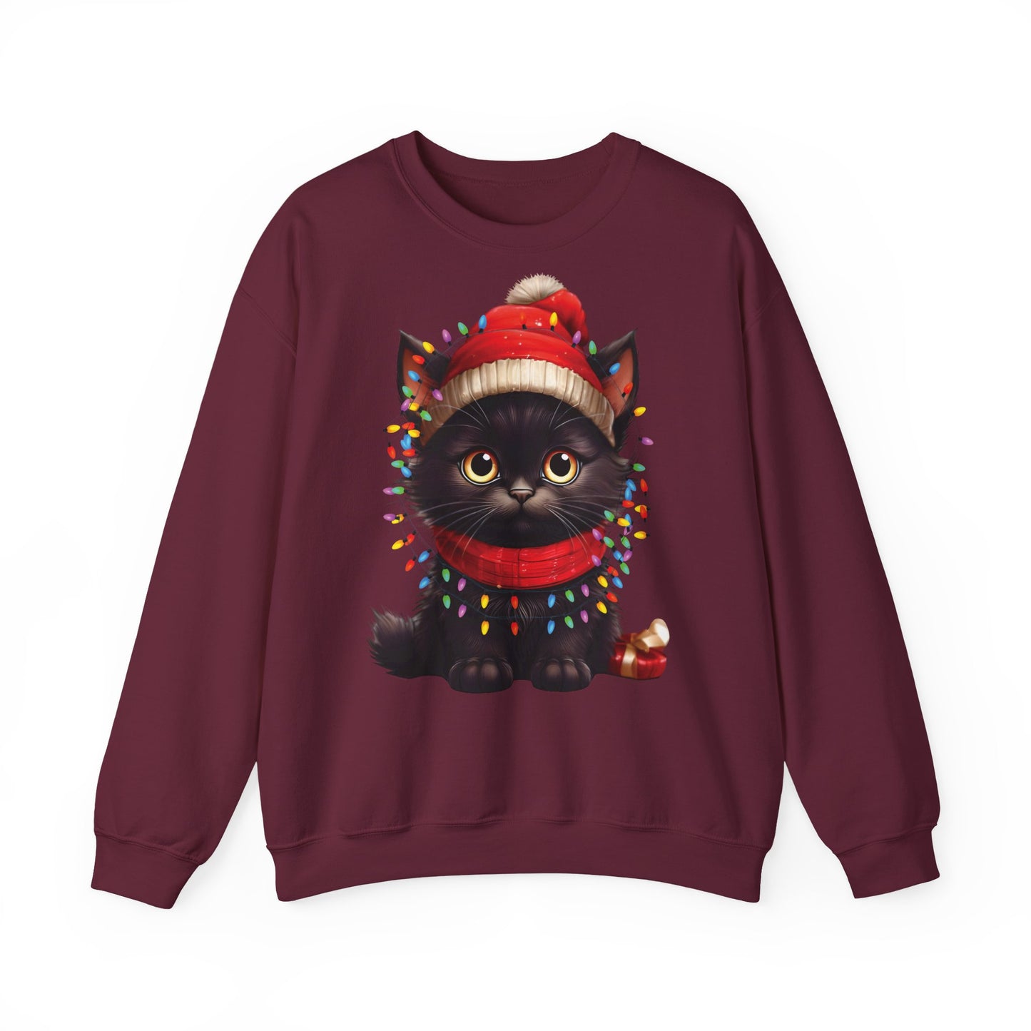 Holiday Heart: Kitten Wrapped in Christmas Lights - Festive Cat Crewneck Sweatshirt - Cozy Holiday Apparel, Warm Gift, Cute Winter Style, Pet Lover Sweatshirt, Christmas Sweater Alternative