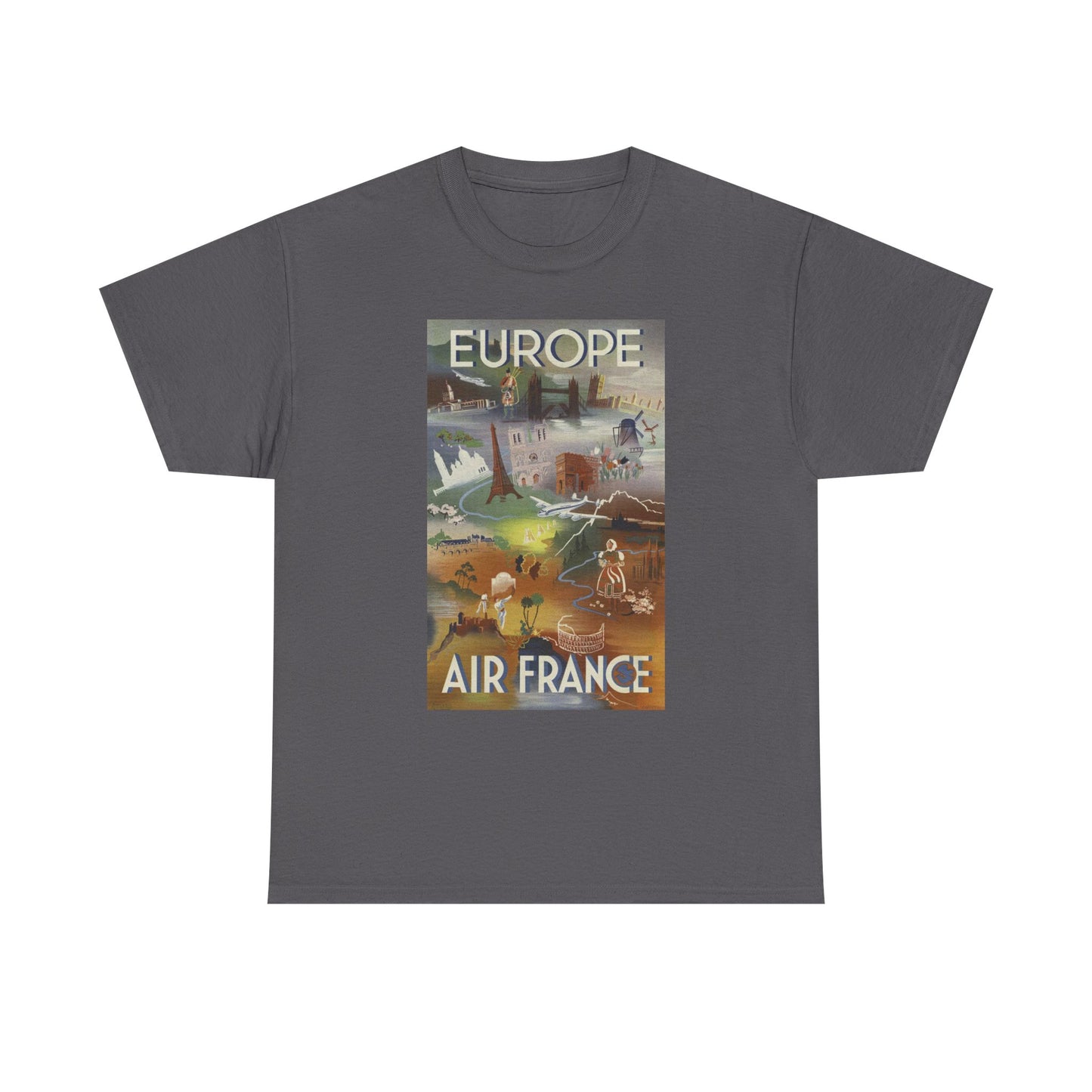 Vintage Air France 1948: Retro Travel Poster Celebrating Europe’s Beauty, Adventure, and Timeless Wanderlust - Unisex Heavy Cotton Tee