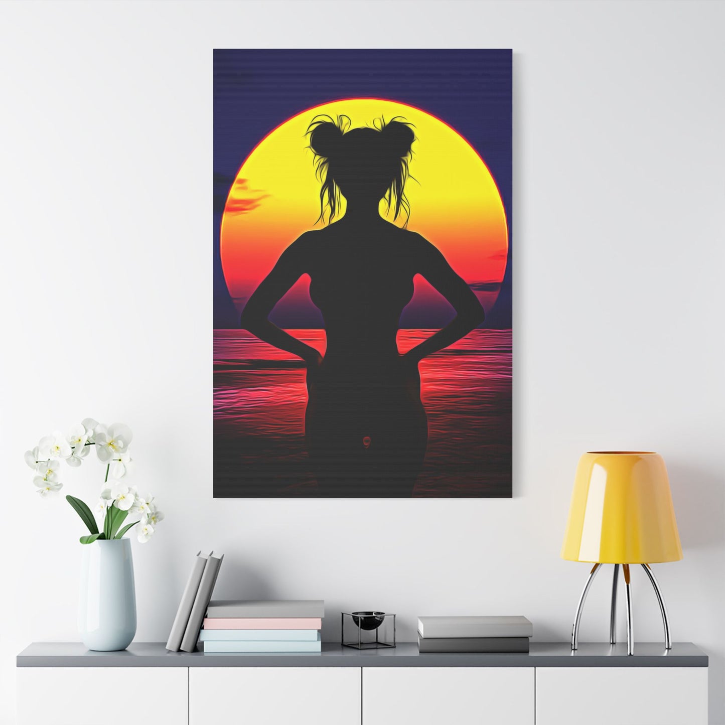 Solar Silhouette: Embrace Inner Strength in the Golden Sunset Glow - Sunset Silhouette Stretched Canvas Art | Boho Home Decor, Beach Wall Art, Unique Gift, Summer Vibes, Relaxing Artwork