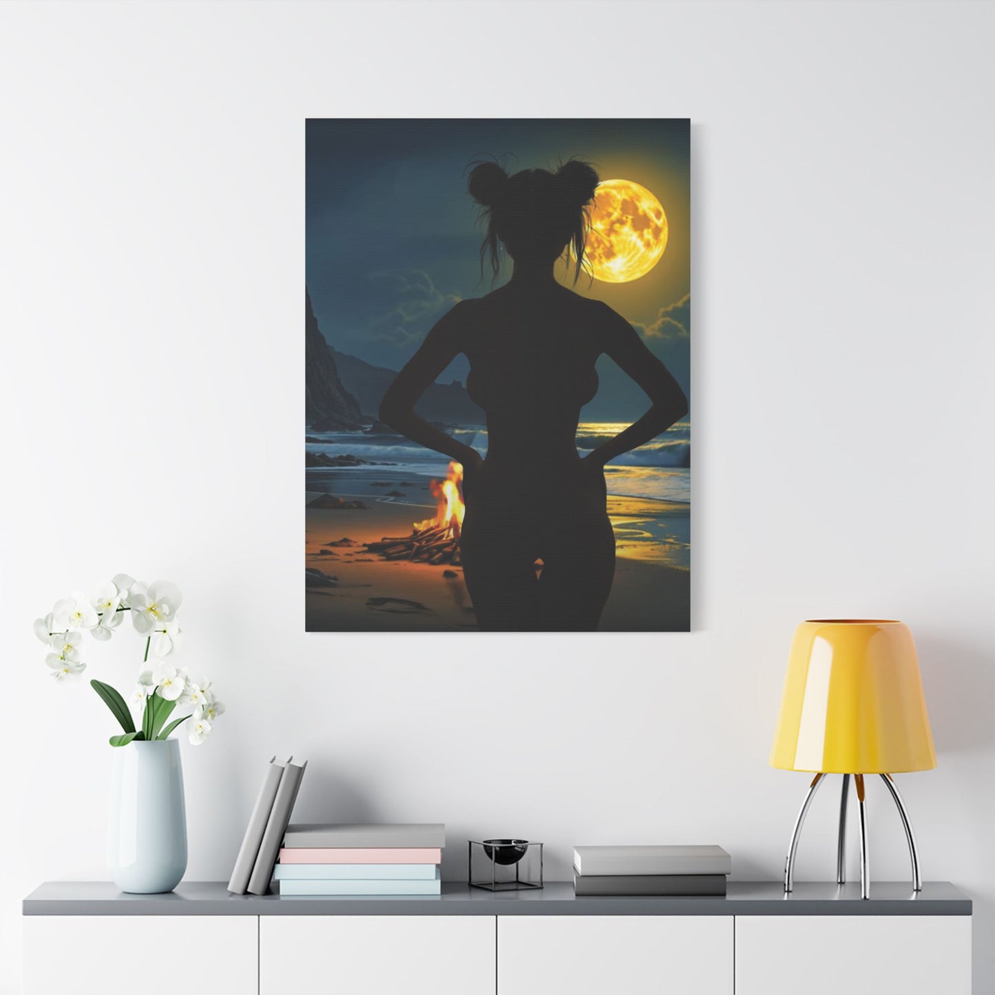 Roxie’s Midnight Swim – Moonlit Beach - Satin Canvas Print, Wall Art for Home Decor, Nighttime Serenity, Coastal Vibes, Gift for Nature Lovers, Personalized Artwork