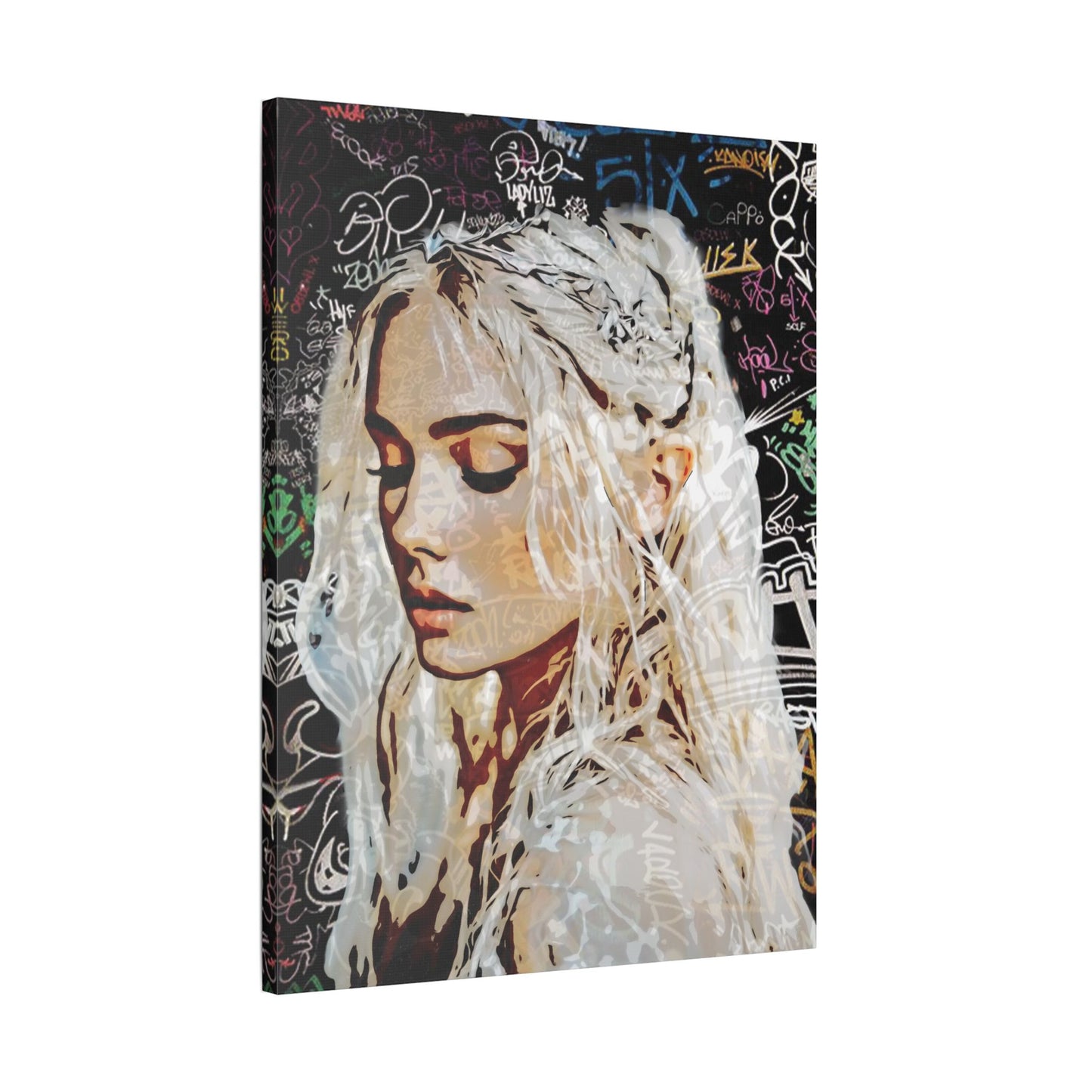 "Urban Dreams: Street Art Portrait of Hope and Beauty Emerging from City's Creative Soul" - Satin Canvas Art Print, Stretched Wall Decor, Girl Portrait, Abstract Graffiti Design, Unique Home Decor, Gift for Art Lovers