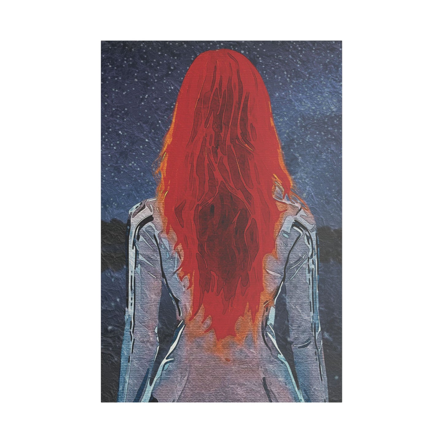 'Red' Scarlet Veil Over Starry Depths: Embrace the Cosmic Red Journey Within - Canvas Art Print: Starry Night with Red-Haired Woman, Wall Decor for Dreamers, Stretched Art, Unique Home Gift, Modern Living Room Decor