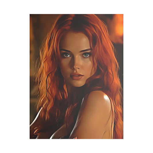 Fiery Muse: Ignite Your Passion with the Radiant Gaze of the Crimson Enchantress - Stretched Canvas Art Print, Vibrant Wall Decor, Art for Living Room, Unique Gift for Art Lovers, Home Decor