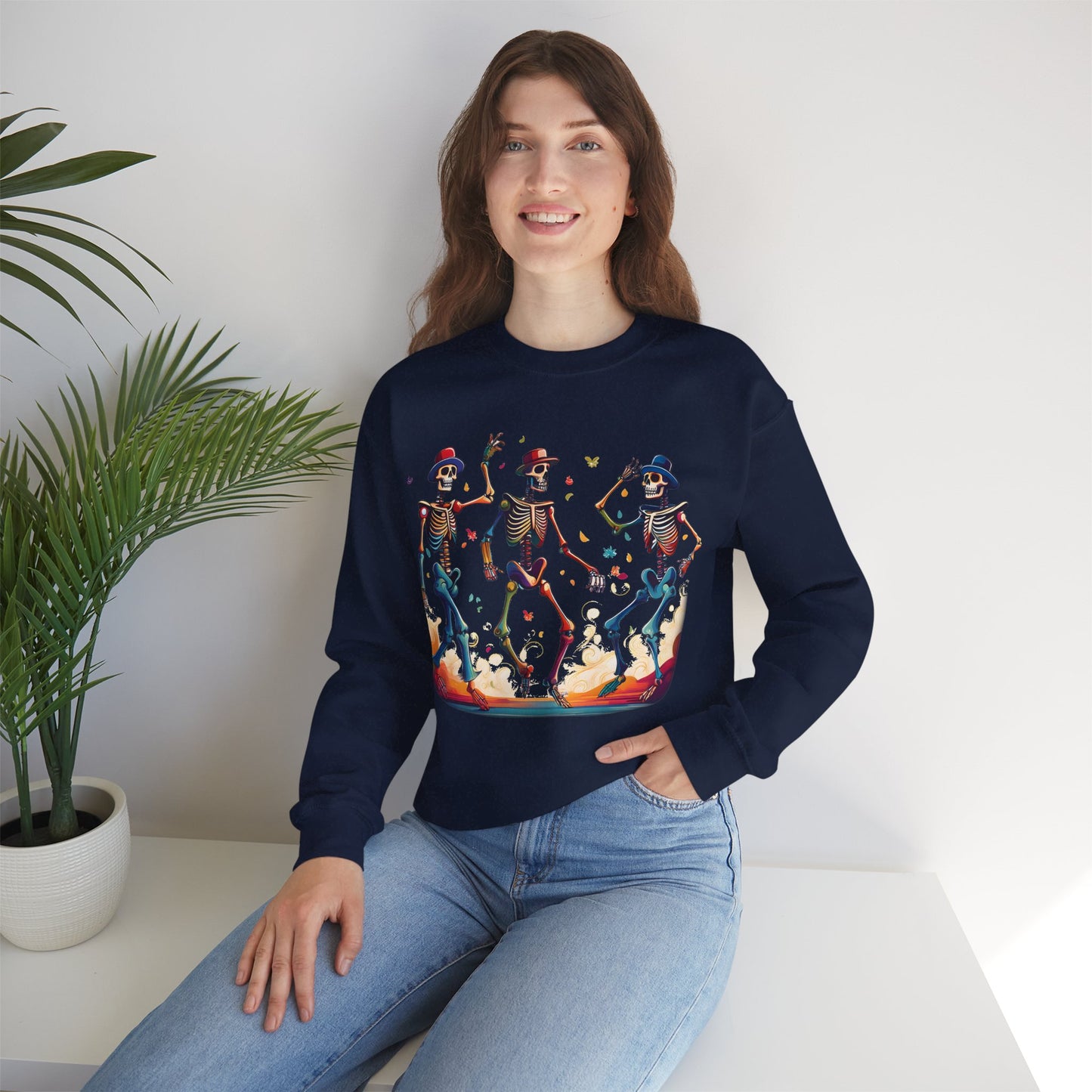 Dancing Skeletons Halloween Party - Spooky Fun Celebration Art - Festive Autumn Spirit Collection - Spooky Skeleton Dance Crewneck Sweatshirt, Halloween Sweatshirt, Unisex Fall Apparel, Casual Skeleton Top, Fun Halloween Gift