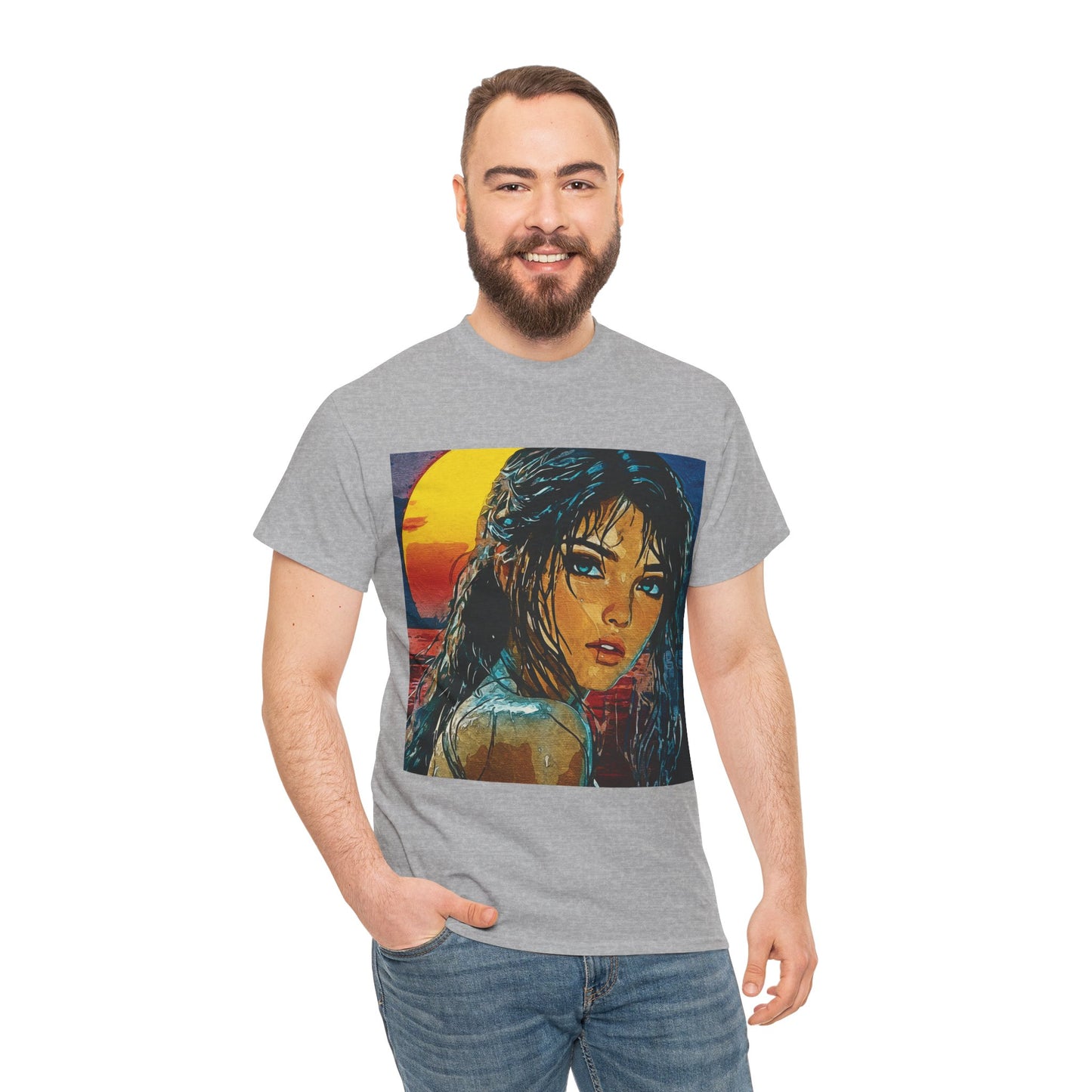 "Golden Hour Goddess: Vibrant Pop Art Vision" - Sunset Dreamer Unisex Heavy Cotton Tee - Vintage Art T-Shirt, Graphic Tee, Casual Wear, Unique Gift Idea, Summer Fashion