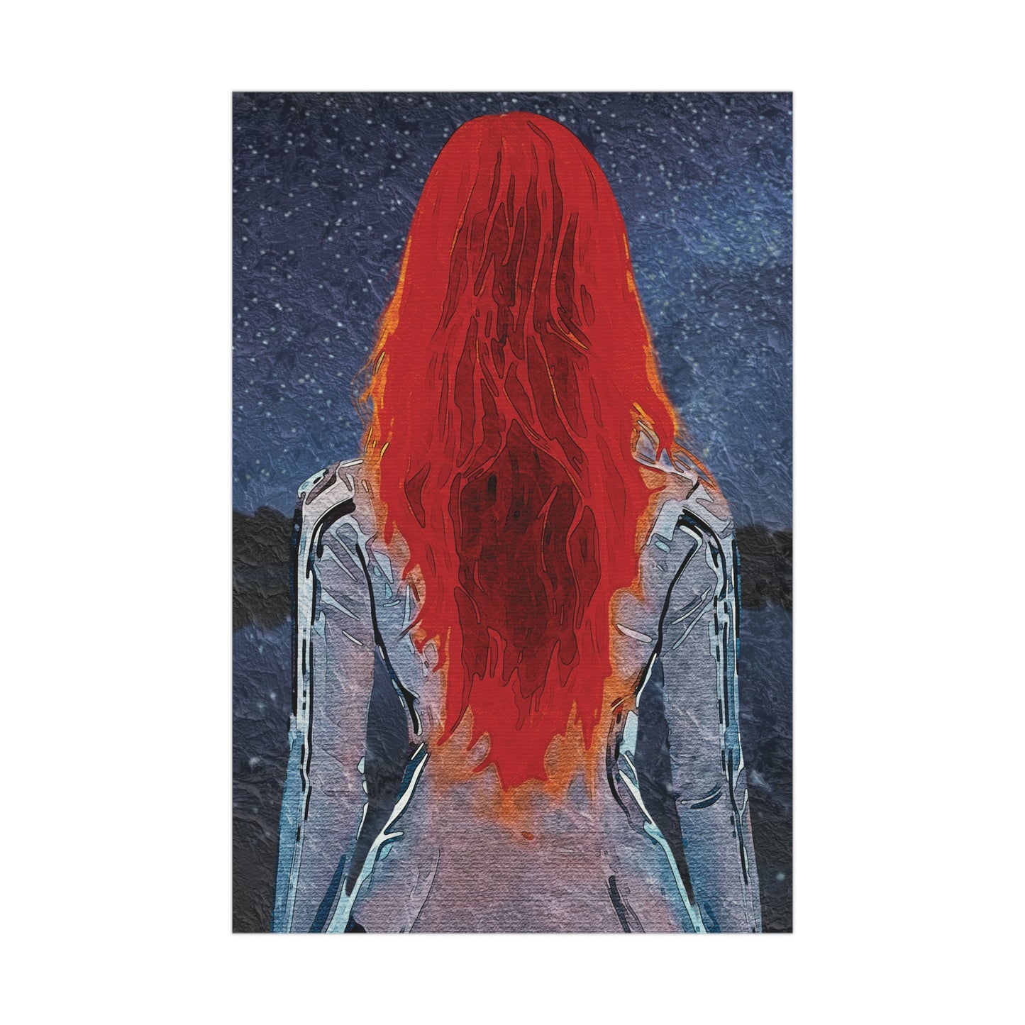 'Red' Scarlet Veil Over Starry Depths: Embrace the Cosmic Red Journey Within - Vibrant Matte Poster of a Red-Haired Figure, Wall Art, Home Decor, Aesthetic Print, Gift for Art Lovers, Inspirational Decor