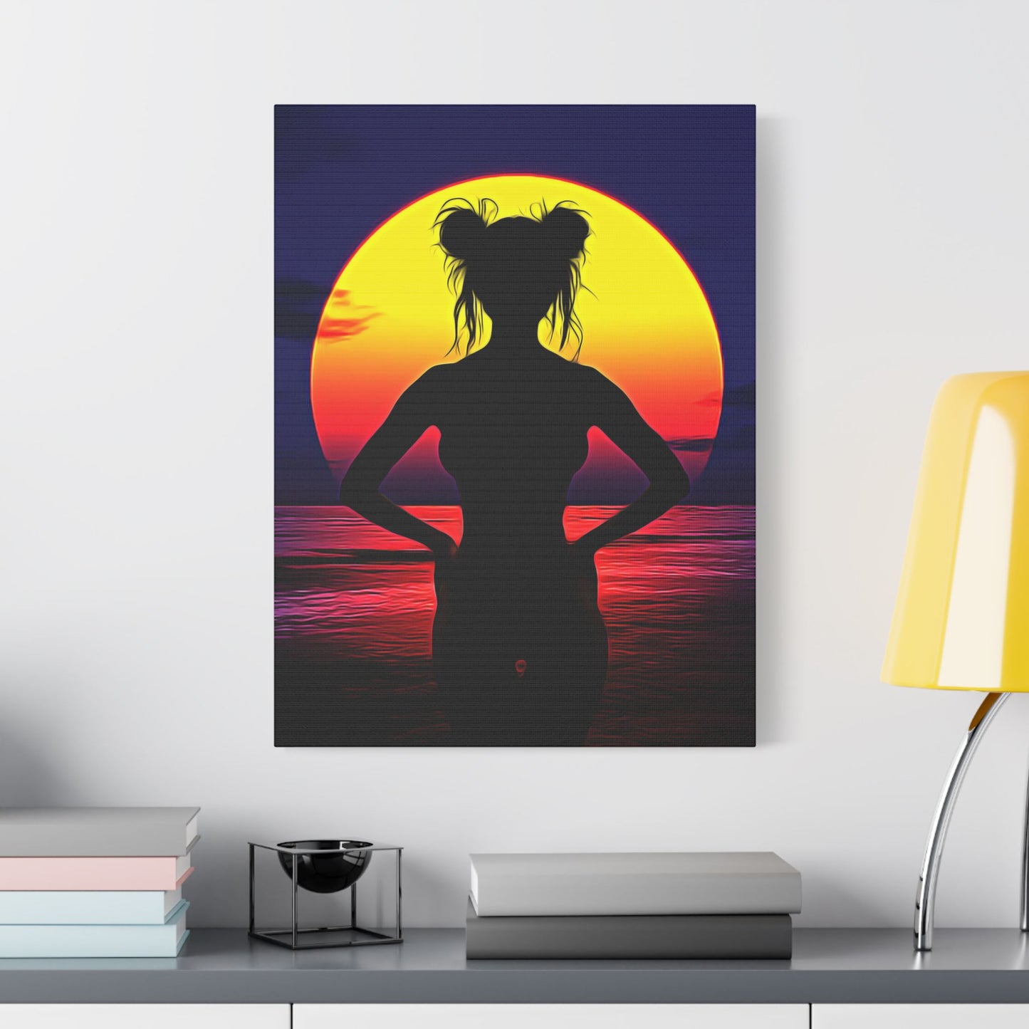 Solar Silhouette: Embrace Inner Strength in the Golden Sunset Glow - Sunset Silhouette Stretched Canvas Art | Boho Home Decor, Beach Wall Art, Unique Gift, Summer Vibes, Relaxing Artwork