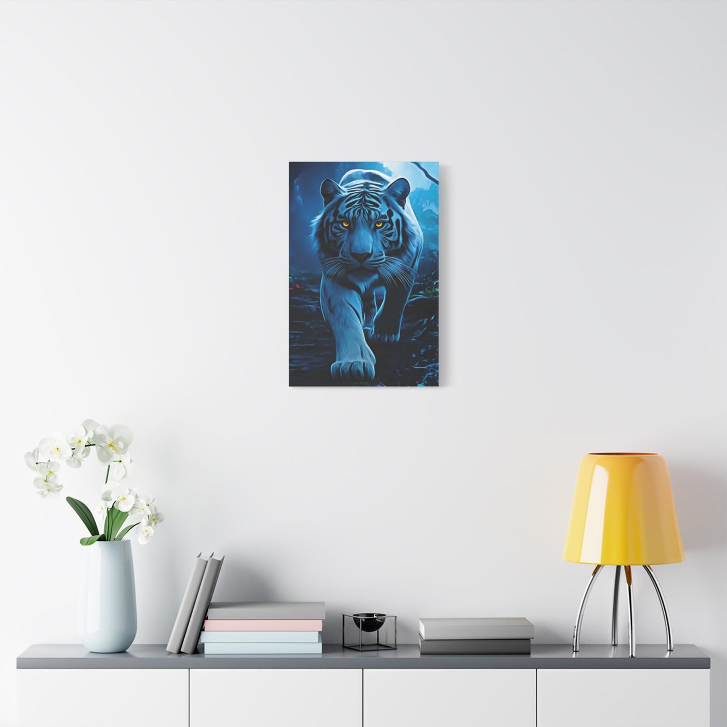 🐅 Blue Ember: Strength in Stillness, Power in Motion - Majestic White Tiger Wall Art, Canvas Print, Home Decor, Animal Lover Gift, Wildlife Artwork, Unique Gift Idea, Eco-Friendly Decor