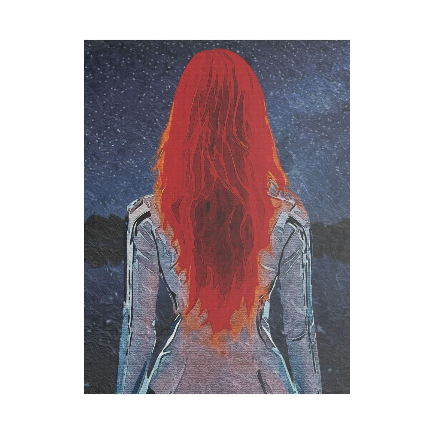 'Red' Scarlet Veil Over Starry Depths: Embrace the Cosmic Red Journey Within - Canvas Art Print: Starry Night with Red-Haired Woman, Wall Decor for Dreamers, Stretched Art, Unique Home Gift, Modern Living Room Decor