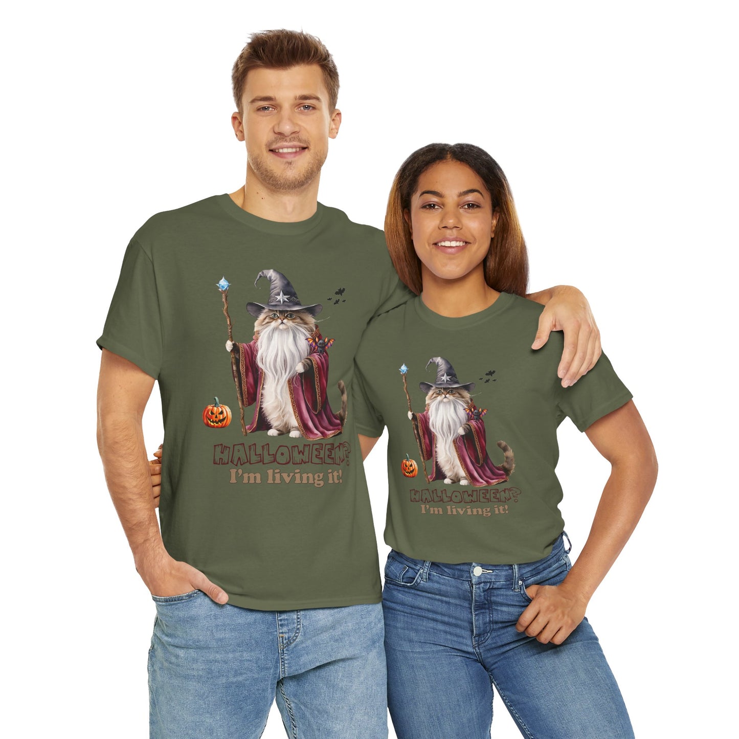🧙 Living the Spell: Wizardry, Whimsy & Halloween CheerHalloween Wizard Cat Tee - 🎃 Spooky Unisex Cotton Shirt, Witchy T-Shirt, Fall Fashion, Gift for Cat Lovers, Halloween Costume, Relaxed Fit