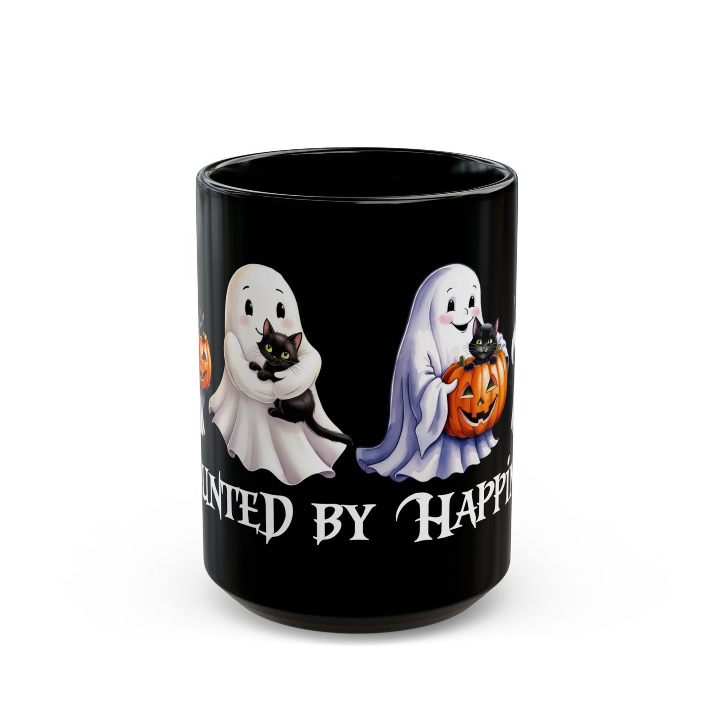 👻 Haunted by Happiness: Ghosts of Joy and Candy - Spooky Spirit Mug - Haunted by Happiness, Halloween Coffee Cup, Ghost Cat Drinkware, Trick or Treat Gift, Cute Fall Mug