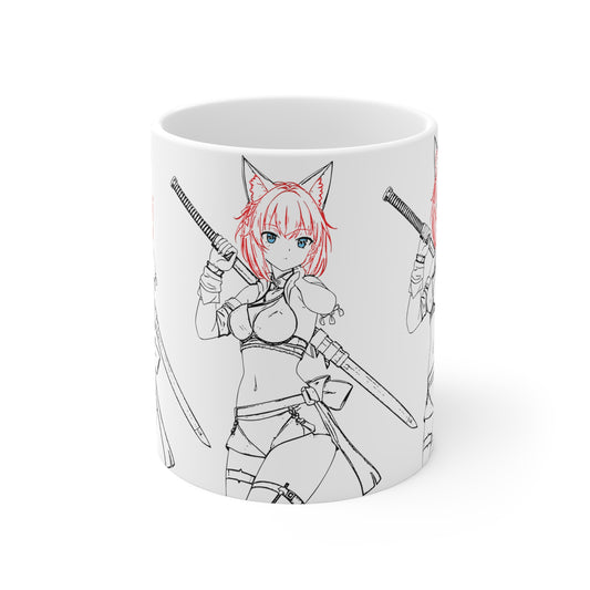 Blade & Whiskers: Unleash Courage and Cuteness with the Fierce Spirit of the Catgirl Warrior - Anime Warrior Ceramic Coffee Cups - Perfect for Gifts, Collectors, and Everyday Use, 11oz, 15oz