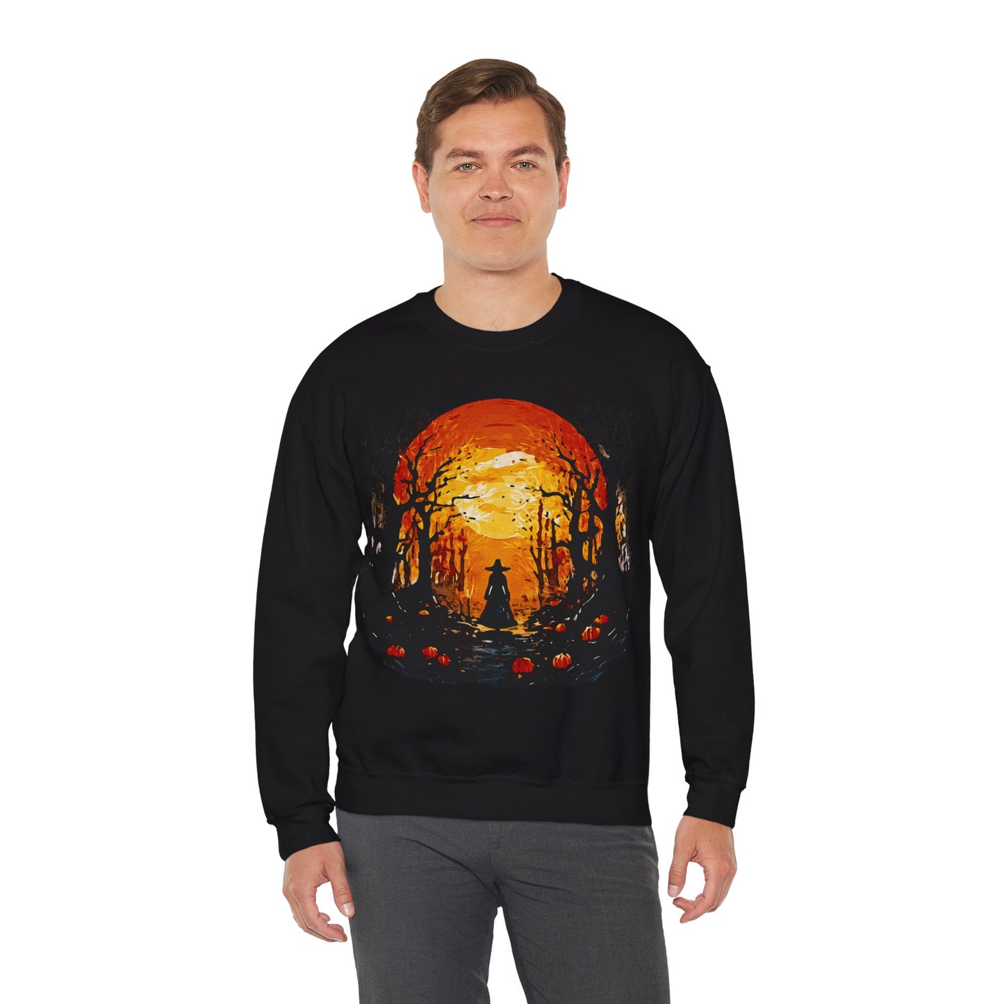 Moonlit Mischief: Autumn’s Enchanted Glow for Sweatshirts, mugs and more - Autumn Sunset Witch Sweatshirt - Cozy Unisex Crewneck for Fall, Halloween, Pumpkin Spice Lovers, Seasonal Fashion, Gift Idea